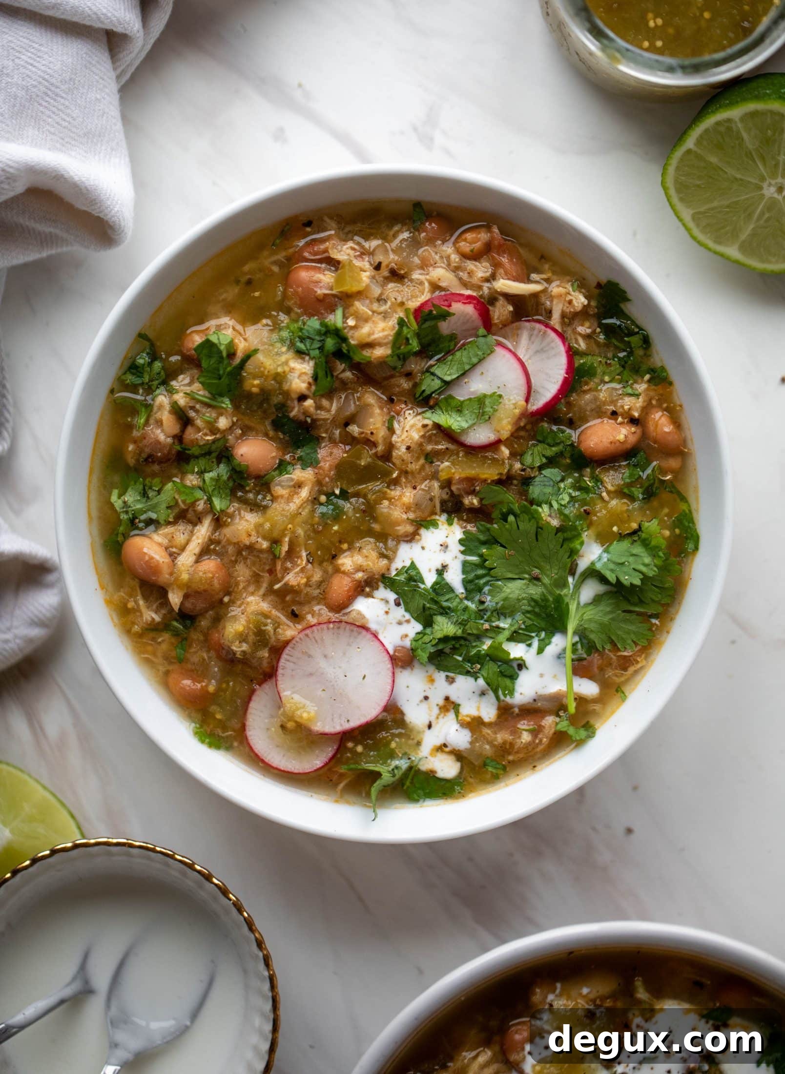 Creamy Chicken Verde Soup with Tangy Salted Yogurt 7 This chicken verde soup is easy to make and comes together quickly. It's served with salted yogurt dolloped on top and it's delish!