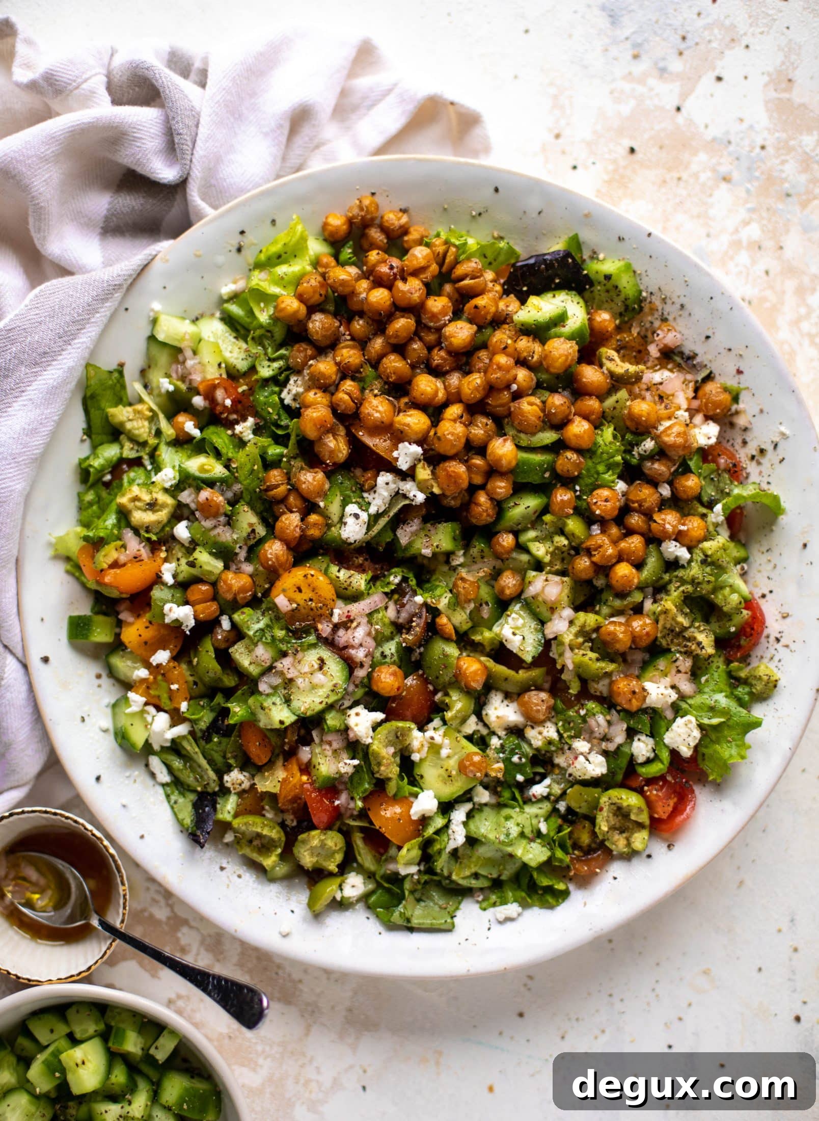This crispy chickpea chopped salad is super simple and loaded with flavor. It's an incredible side or starter and a huge crowd pleaser!
