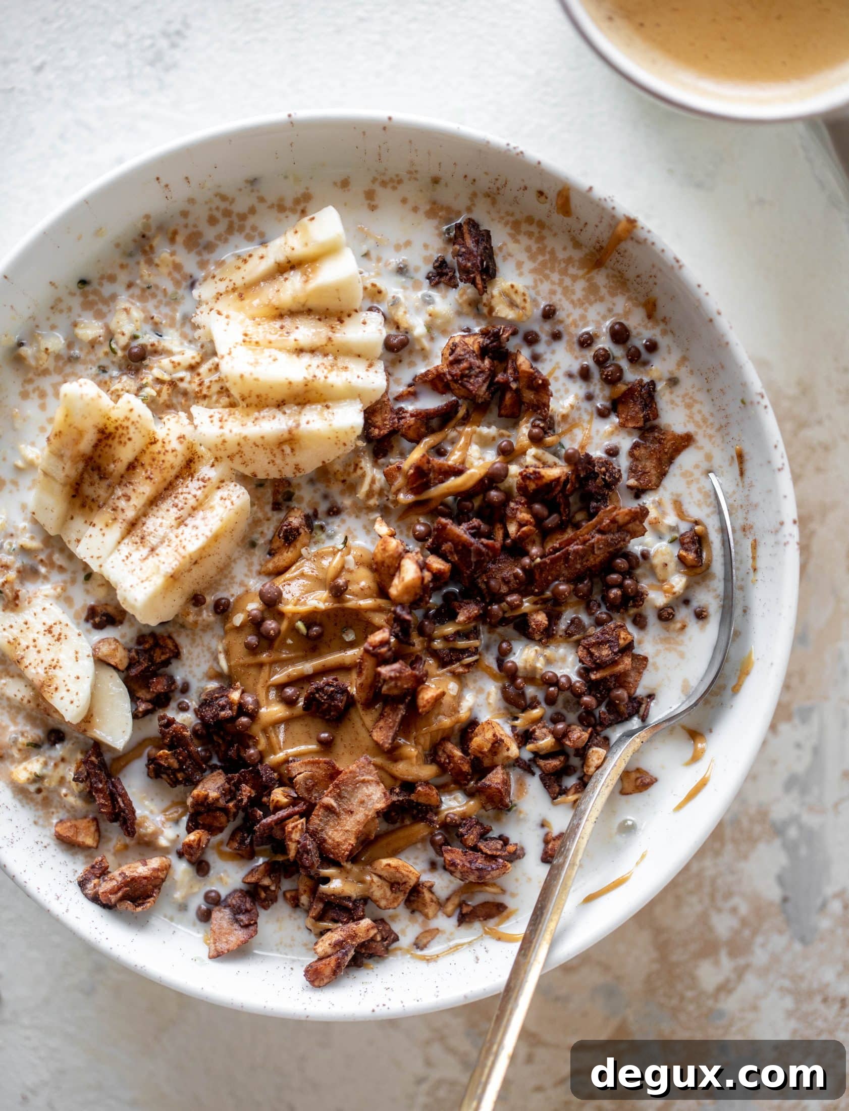These peanut butter overnight oats are my favorite breakfast! Top with 5 minute grain free chocolate granola and it's the best combo ever.