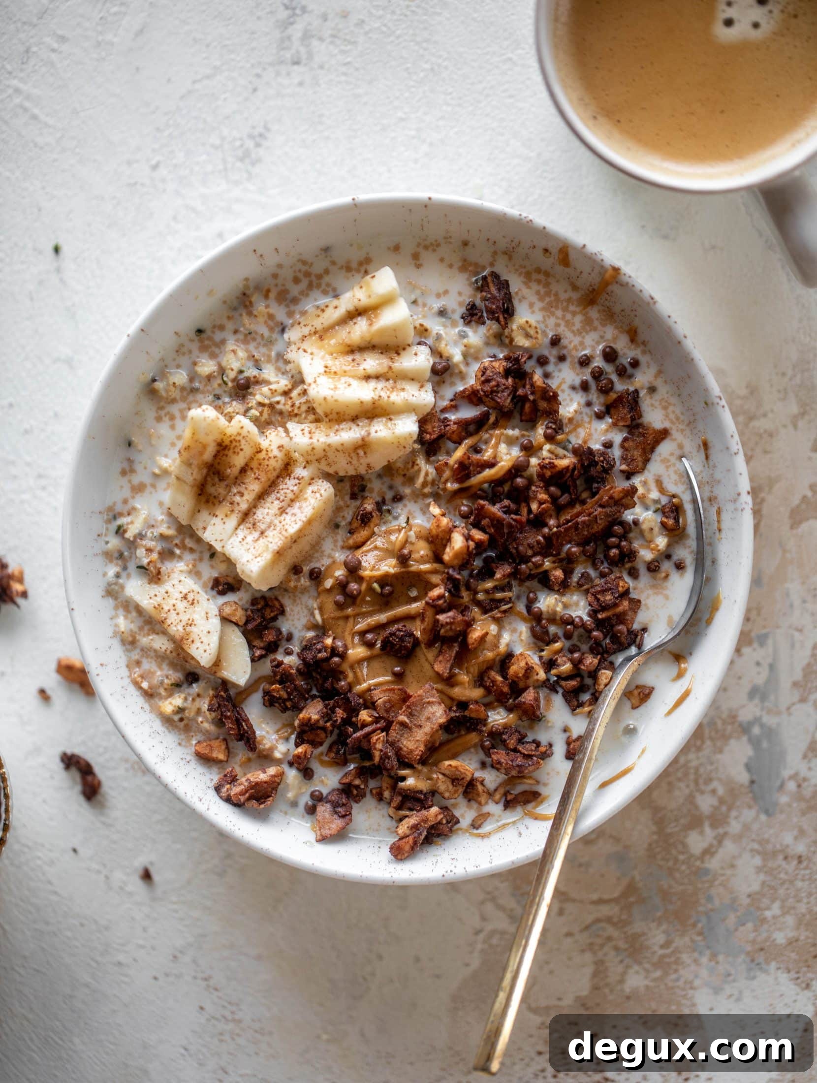 These peanut butter overnight oats are my favorite breakfast! Top with 5 minute grain free chocolate granola and it's the best combo ever.