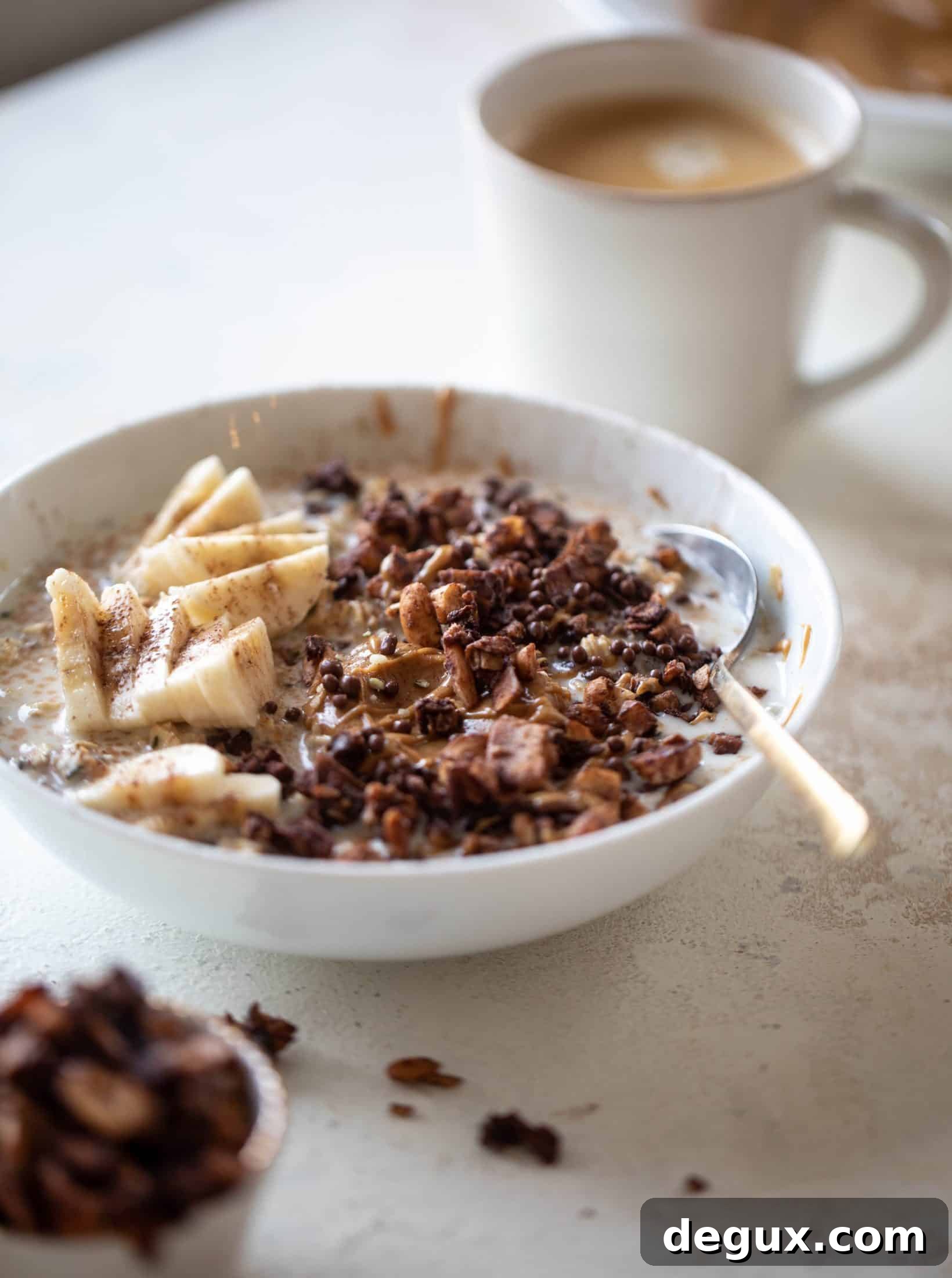 These peanut butter overnight oats are my favorite breakfast! Top with 5 minute grain free chocolate granola and it's the best combo ever.