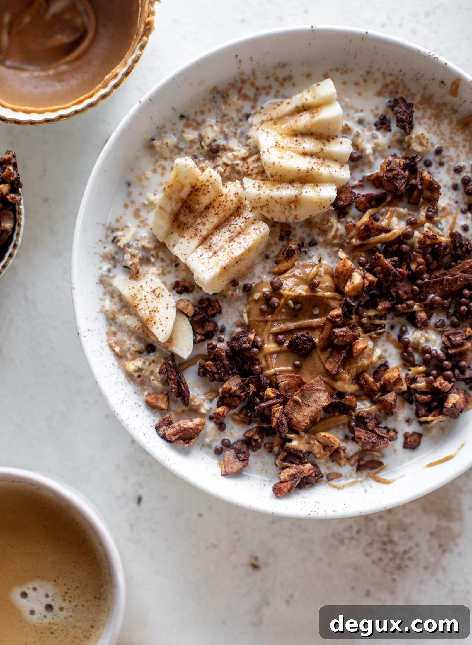 These peanut butter overnight oats are my favorite breakfast! Top with 5 minute grain free chocolate granola and it's the best combo ever.