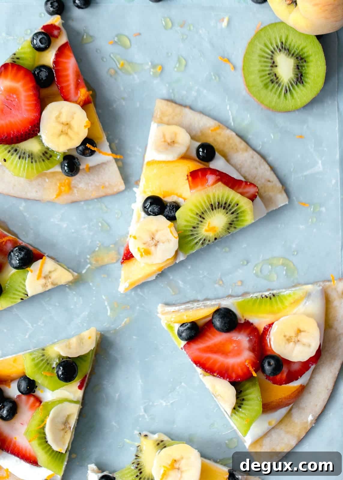 fruit pizza on a sugar cookie crust
