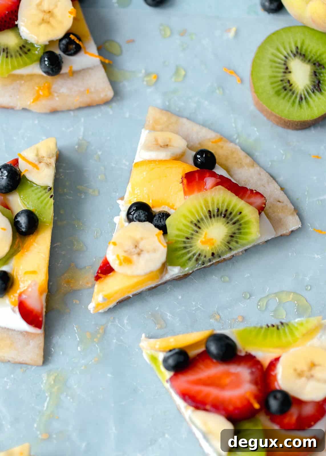 fruit pizza on a sugar cookie crust