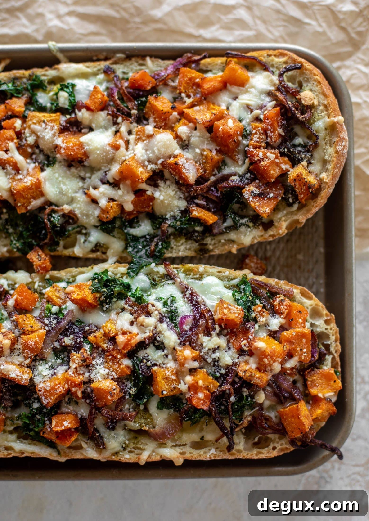 Roasted Butternut Squash Baguettes with Pesto and Crispy Kale 6 These butternut squash french breads have so much flavor. Pesto, caramelized onions, kale, roasted butternut and tons of fontina cheese. Delicious!