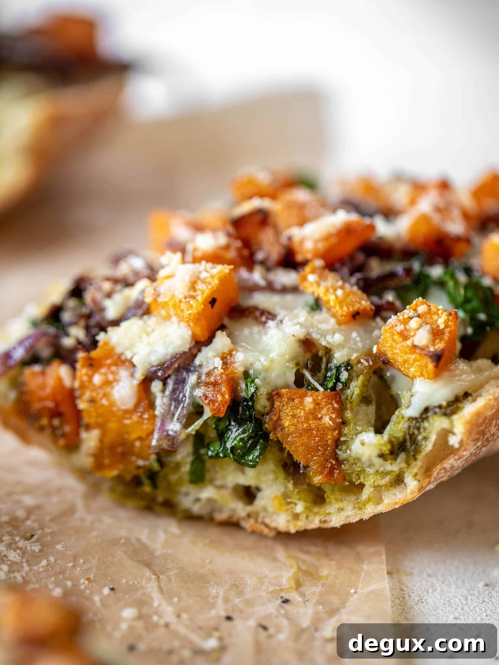 Roasted Butternut Squash Baguettes with Pesto and Crispy Kale 7 These butternut squash french breads have so much flavor. Pesto, caramelized onions, kale, roasted butternut and tons of fontina cheese. Delicious!