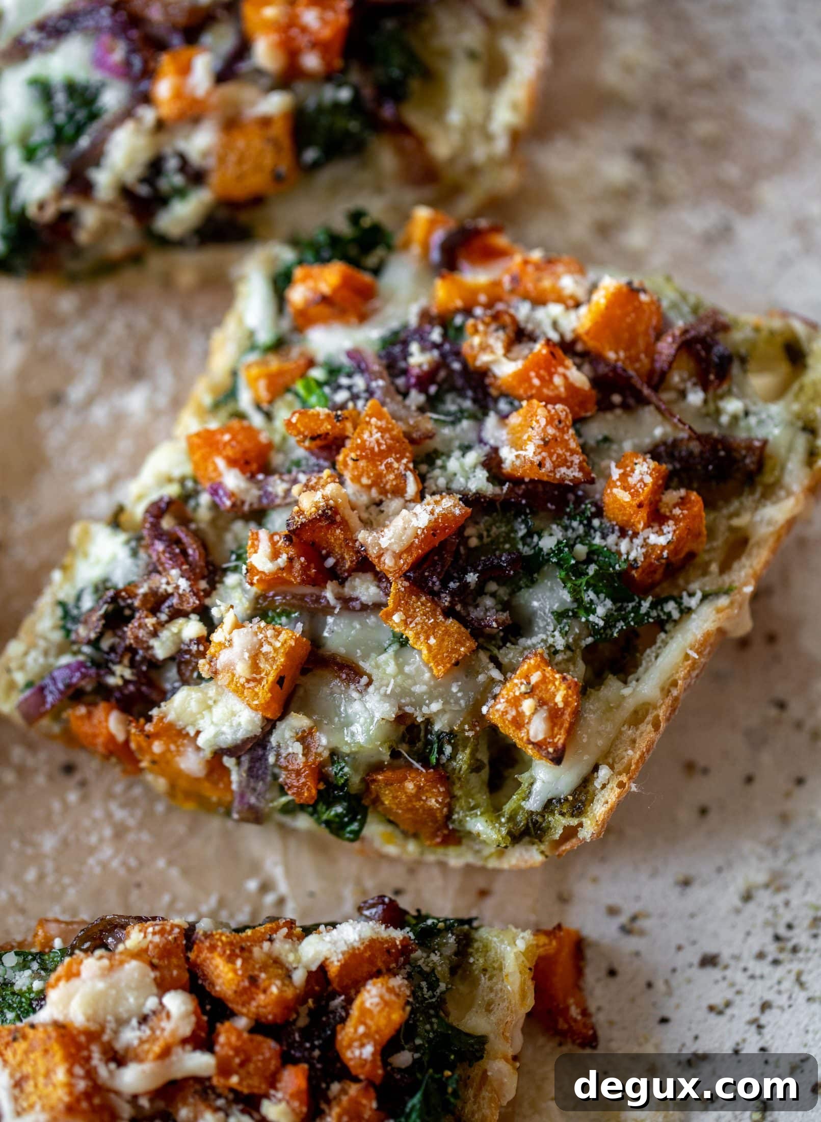 Roasted Butternut Squash Baguettes with Pesto and Crispy Kale 8 These butternut squash french breads have so much flavor. Pesto, caramelized onions, kale, roasted butternut and tons of fontina cheese. Delicious!