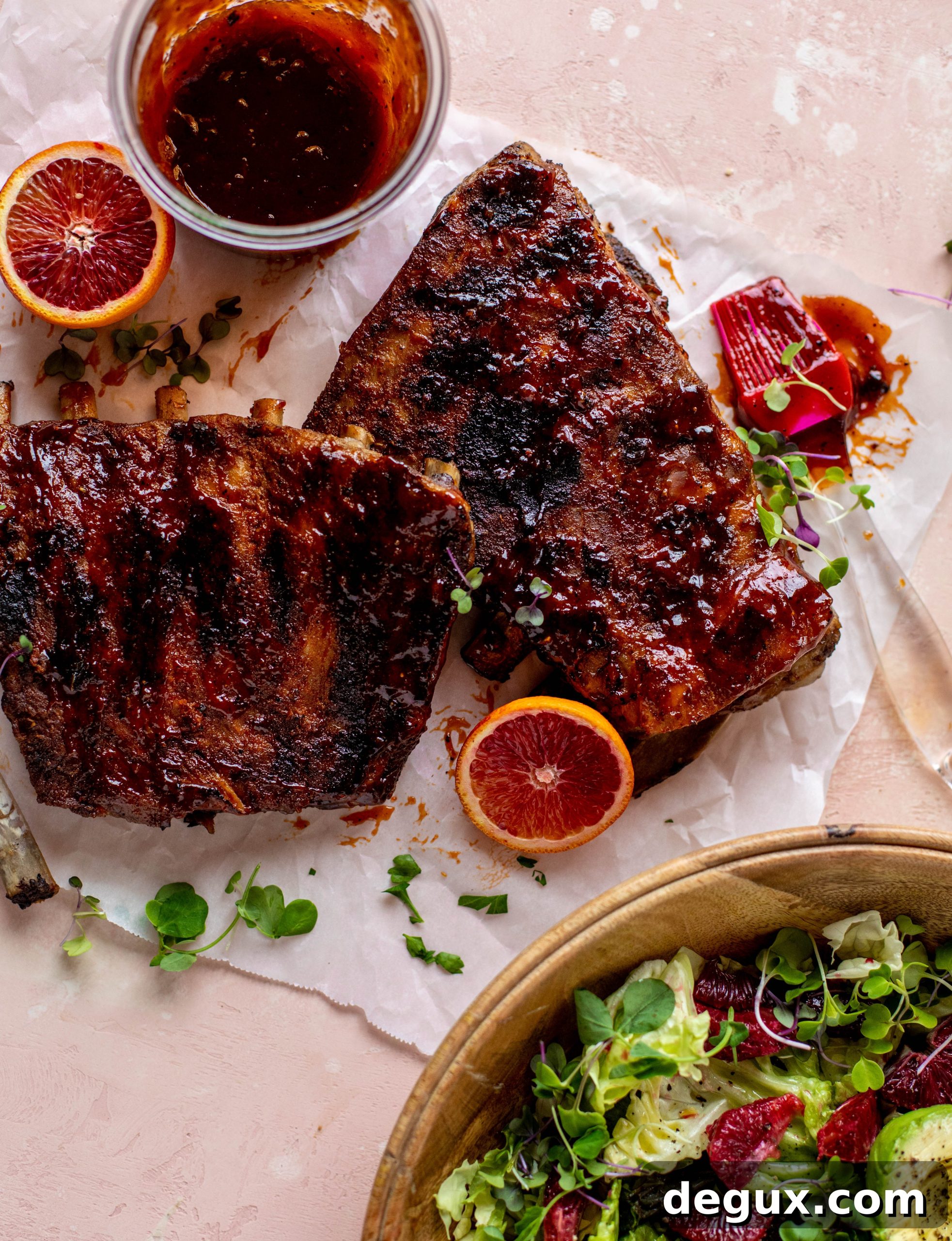 Smoky Blood Orange BBQ Ribs with Avocado Butter Greens 8 These blood orange BBQ ribs are smoky, sweet, sticky and oh-so good. Serve alongside an avocado butter greens salad for the ultimate combo!