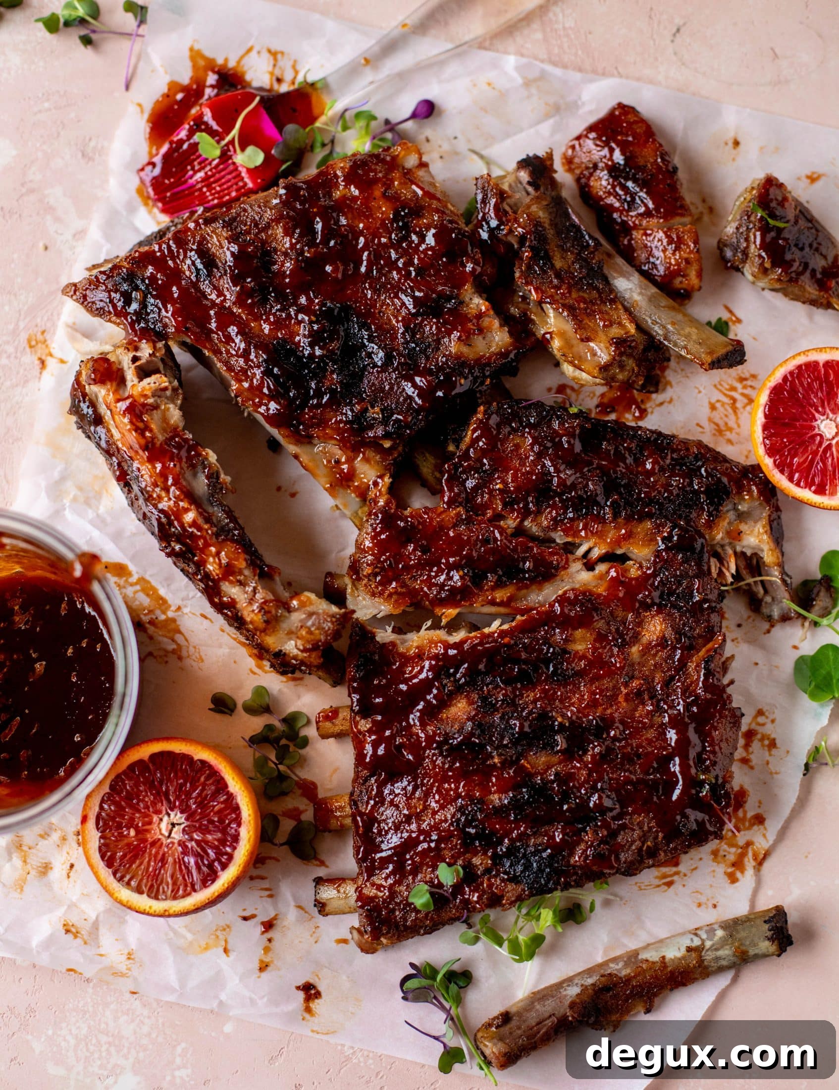 Smoky Blood Orange BBQ Ribs with Avocado Butter Greens 9 These blood orange BBQ ribs are smoky, sweet, sticky and oh-so good. Serve alongside an avocado butter greens salad for the ultimate combo!