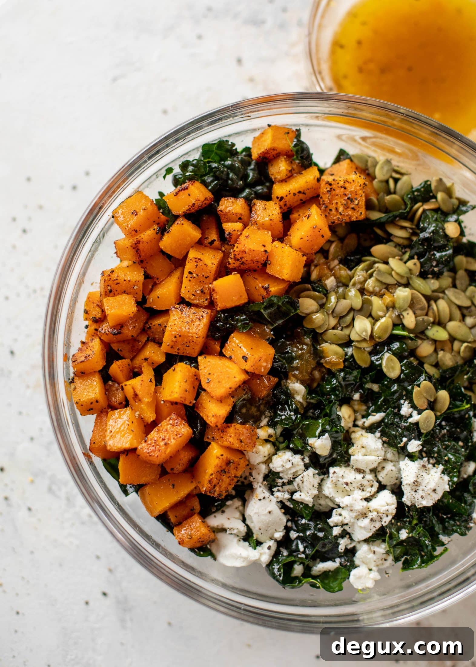 This butternut squash kale salad is so easy and delicious! Roasted, smoky butternut squash, goat cheese, pepitas and apricot vinaigrette.