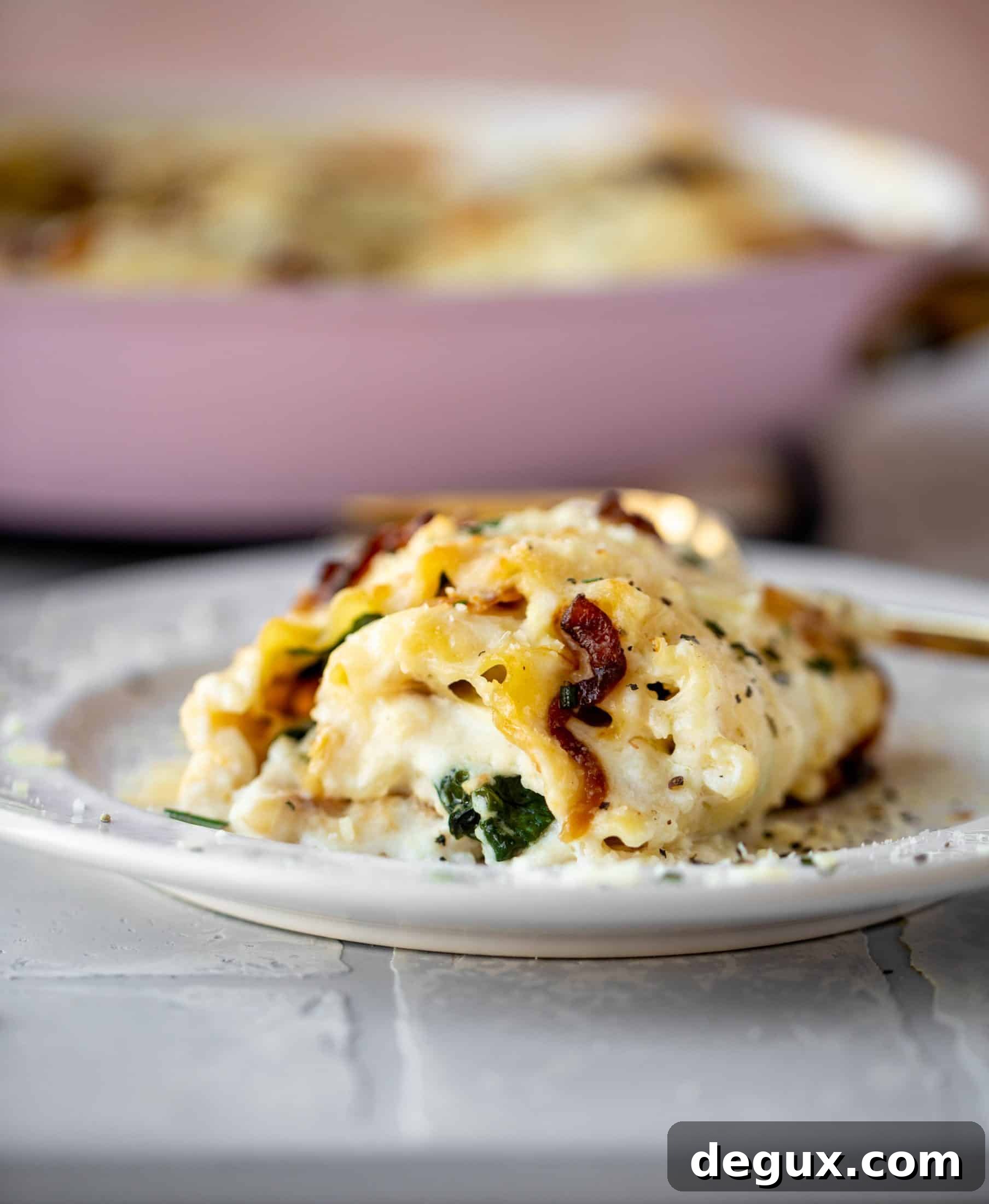 French Onion Chicken Lasagna Roll-Ups Recipe for Savory Weeknight Meals 11 These french onion chicken lasagna roll ups are loaded with flavor! Creamy sauce, chicken, spinach, caramelized onions and gruyere cheese. Love!