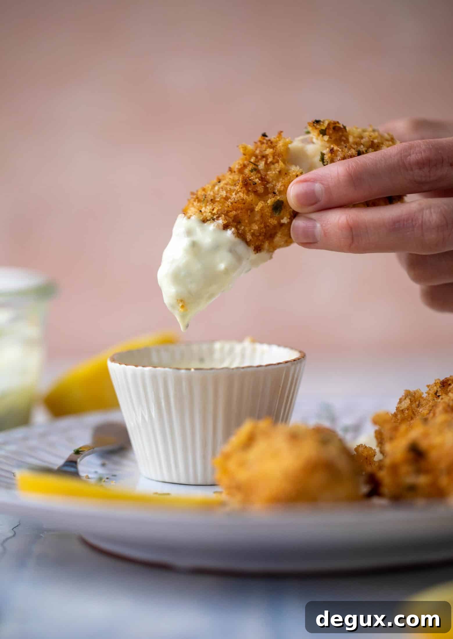 Crispy Lemon-Garlic Fish Sticks with Jalapeño Tartar Sauce 8 These crispy homemade fish sticks are flavored with lemon and garlic! They are super crunchy and delicious when dipped in the jalapeño tartar sauce.