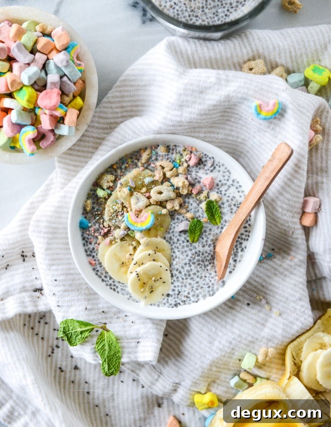Cereal milk chia pudding with Lucky Charms crumbs
