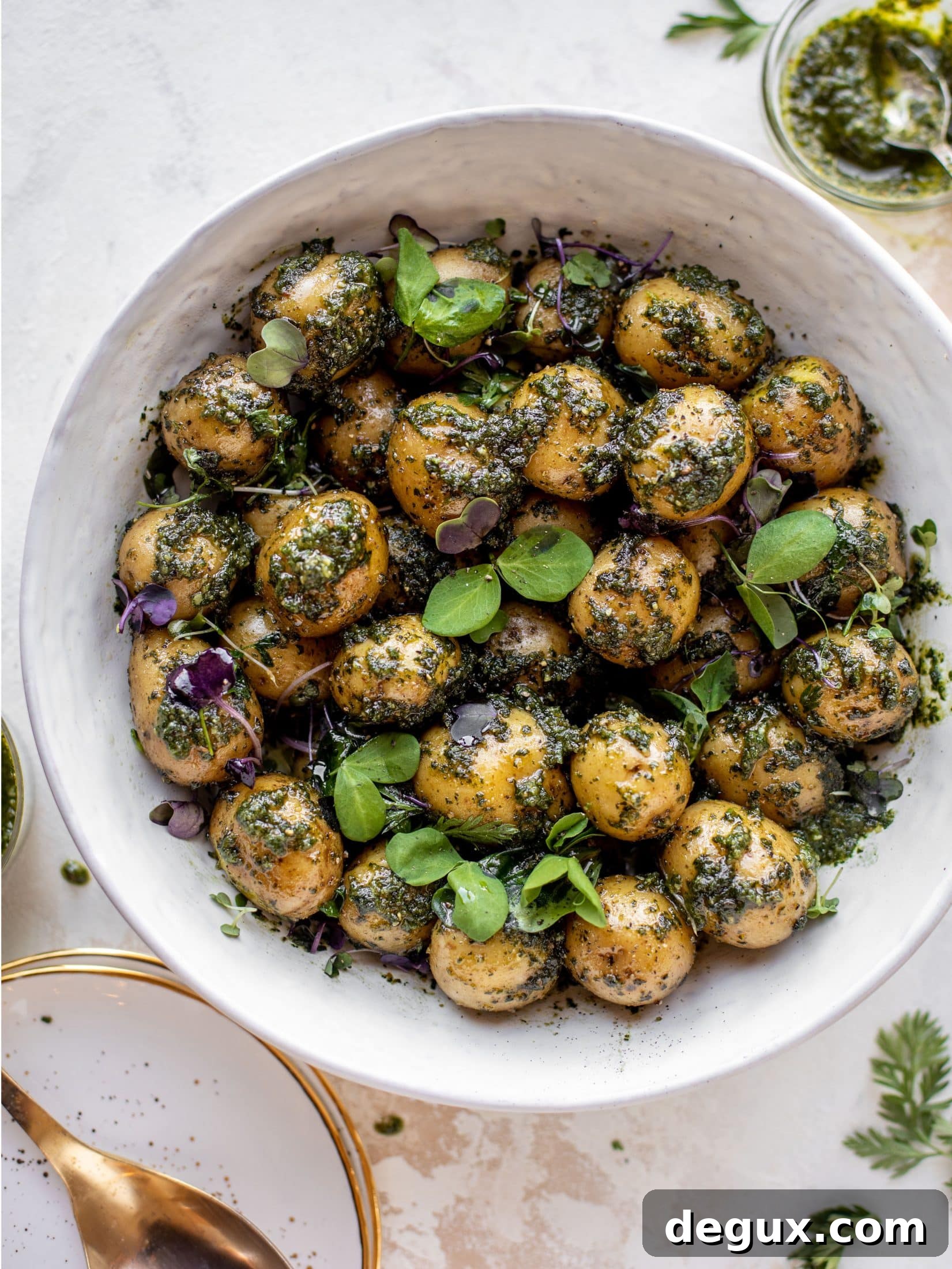 Carrot Top Pesto Potato Salad Recipe — Bright, Herbaceous Side Dish 2 This pesto potato salad is made with carrot top pesto for the perfect spring side dish! Baby potatoes, pesto and greens make up this delish bowl.