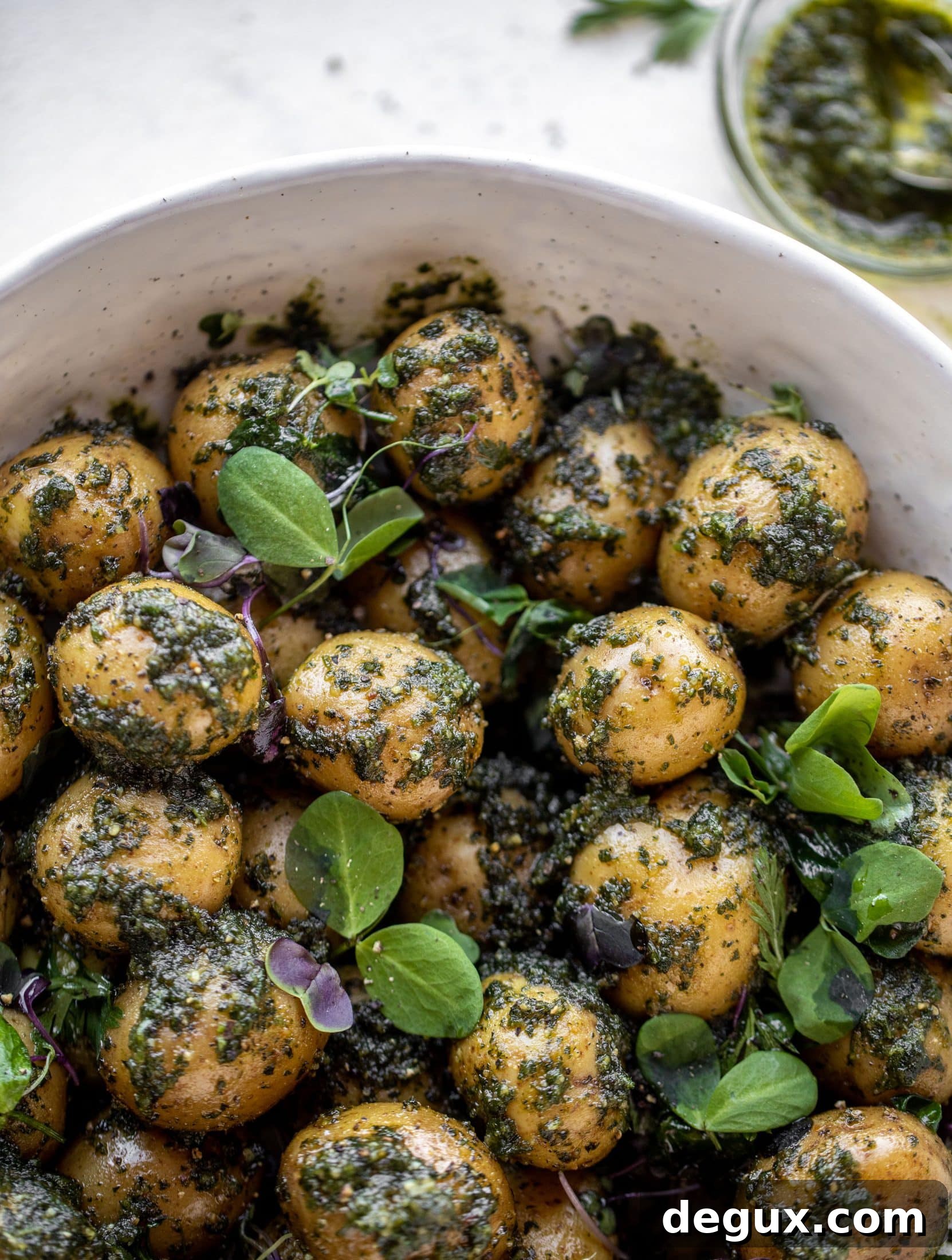 Carrot Top Pesto Potato Salad Recipe — Bright, Herbaceous Side Dish 8 This pesto potato salad is made with carrot top pesto for the perfect spring side dish! Baby potatoes, pesto and greens make up this delish bowl.