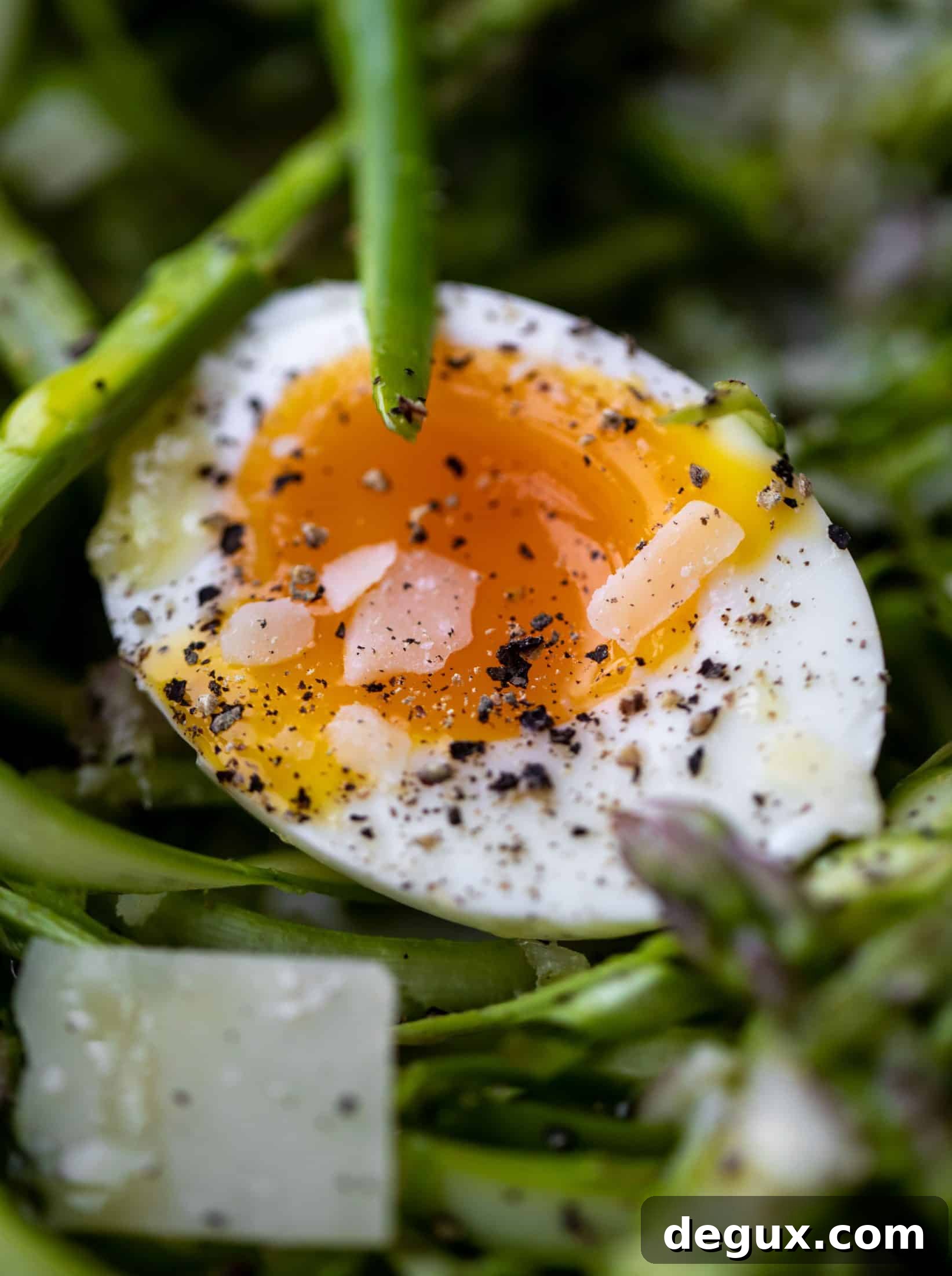 This shaved asparagus salad is tossed with a delicious parmesan vinaigrette, then topped with soft boiled eggs and finished with crunchy garlic breadcrumbs!