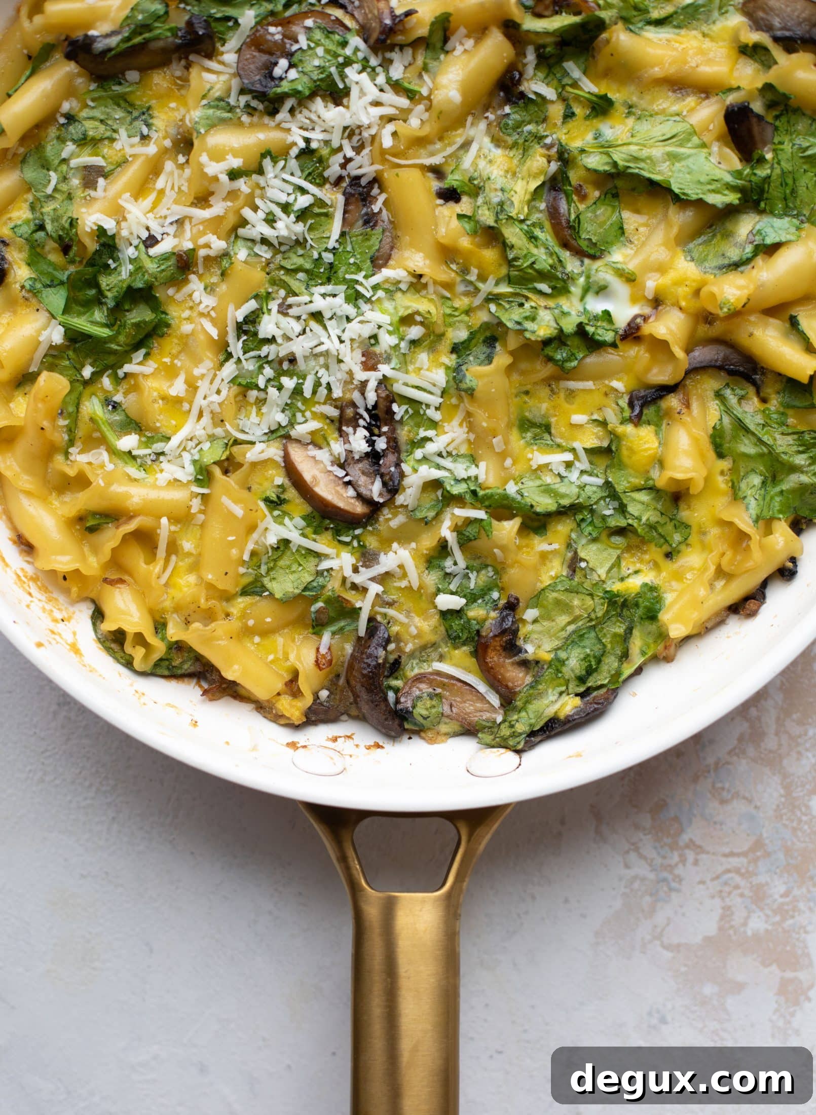 Parmesan Pasta Frittata with Spring Greens: Quick Weeknight Meal 6 This super easy pasta frittata uses leftover ingredients and can be prepped ahead of time. Leftovers are great and it's satisfying and delicious!