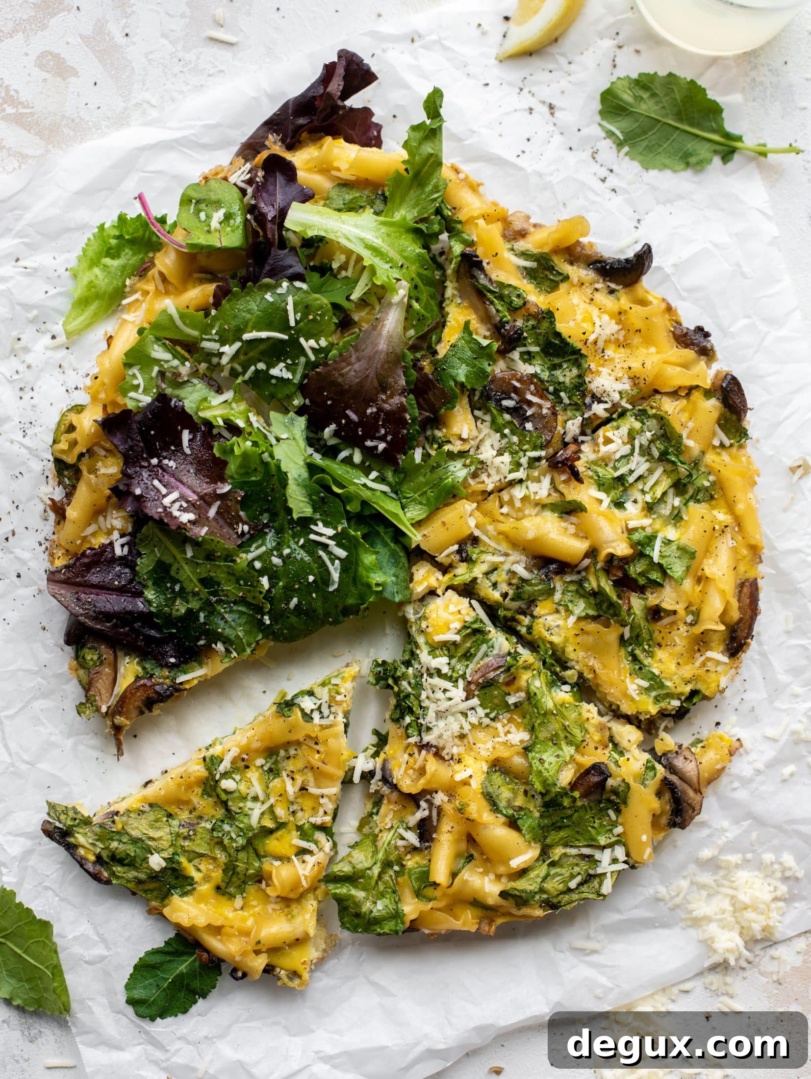 Parmesan Pasta Frittata with Spring Greens: Quick Weeknight Meal 8 This super easy pasta frittata uses leftover ingredients and can be prepped ahead of time. Leftovers are great and it's satisfying and delicious!