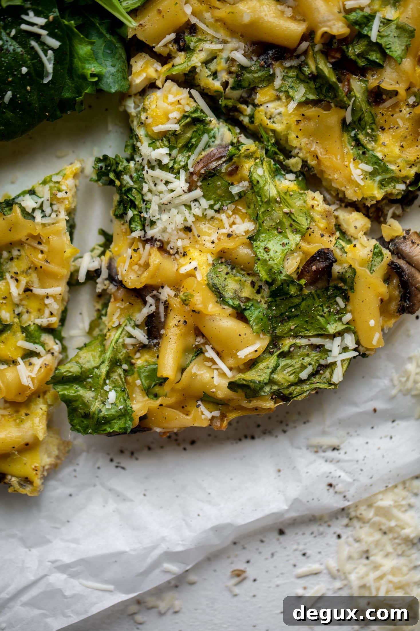 Parmesan Pasta Frittata with Spring Greens: Quick Weeknight Meal 10 This super easy pasta frittata uses leftover ingredients and can be prepped ahead of time. Leftovers are great and it's satisfying and delicious!