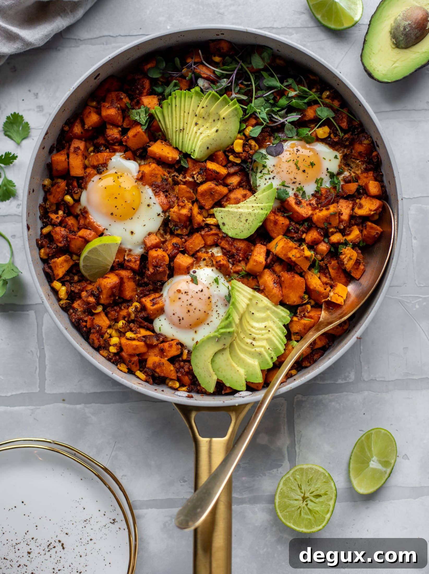 This chipotle sweet potato hash is perfect for breakfast, lunch or dinner. Bulked up with quinoa and tons of flavor, it's a great pantry weeknight meal!