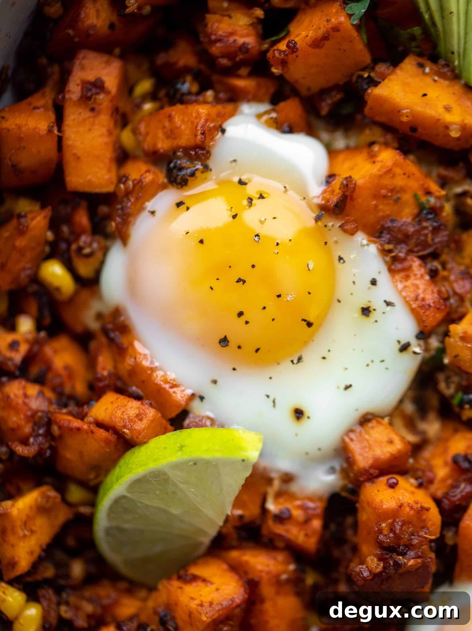 This chipotle sweet potato hash is perfect for breakfast, lunch or dinner. Bulked up with quinoa and tons of flavor, it's a great pantry weeknight meal!