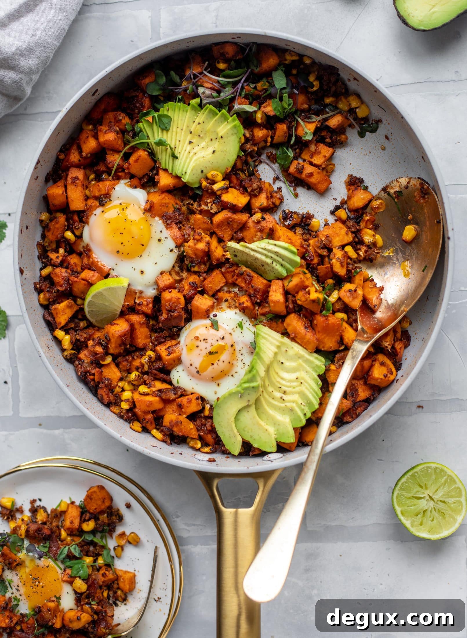 This chipotle sweet potato hash is perfect for breakfast, lunch or dinner. Bulked up with quinoa and tons of flavor, it's a great pantry weeknight meal!