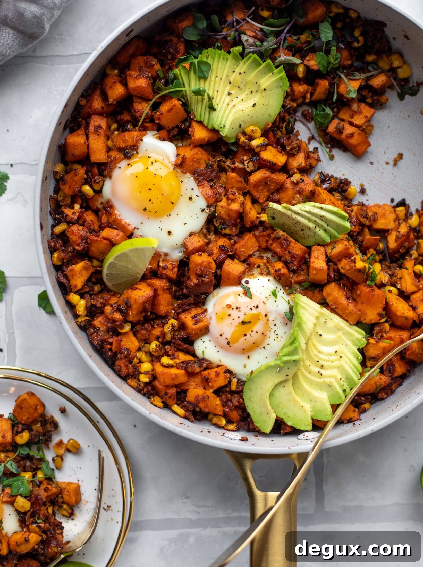This chipotle sweet potato hash is perfect for breakfast, lunch or dinner. Bulked up with quinoa and tons of flavor, it's a great pantry weeknight meal!