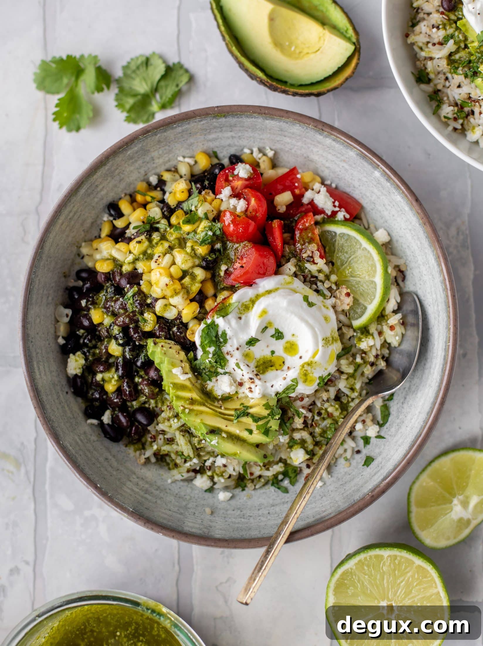 Baja-Style Grain Bowls: Fresh Recipes with Zesty Flavors 6 These baja grain bowls are a delicious copycat of the Panera baja grain bowls! Rice, quinoa, beans, tomatoes and cilantro lime vinaigrette!