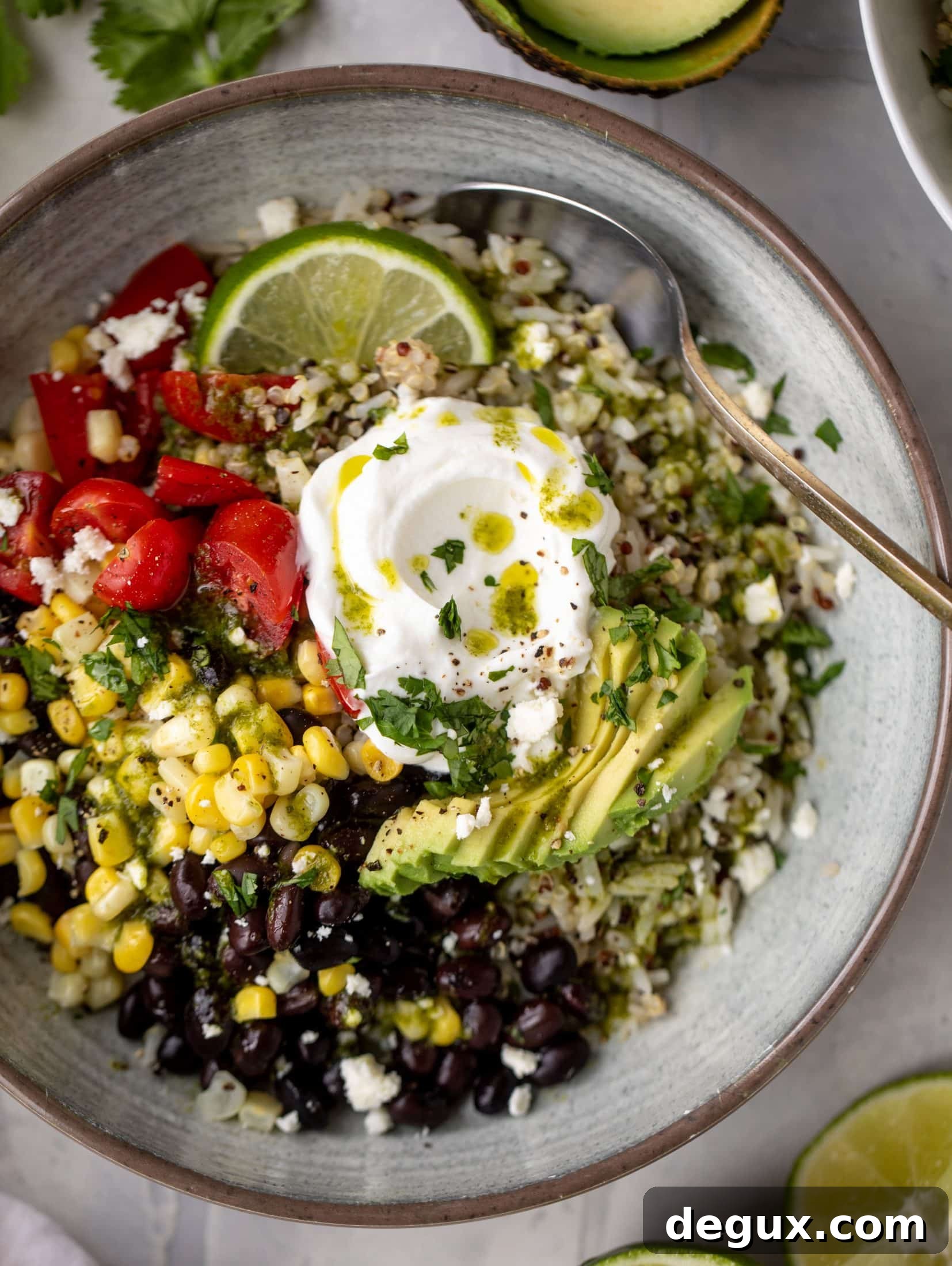 Baja-Style Grain Bowls: Fresh Recipes with Zesty Flavors 9 These baja grain bowls are a delicious copycat of the Panera baja grain bowls! Rice, quinoa, beans, tomatoes and cilantro lime vinaigrette!