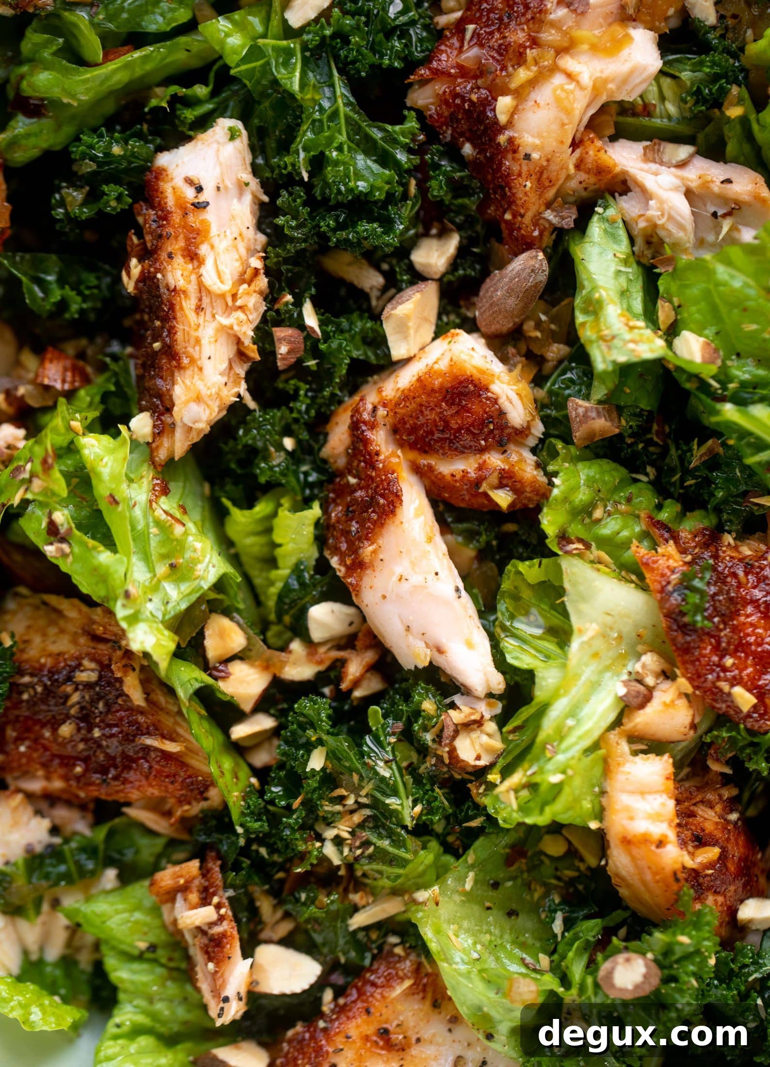 This ginger salmon salad has the flaky, flavorful roasted salmon on top of kale and romaine, drizzled with warm ginger vinaigrette.