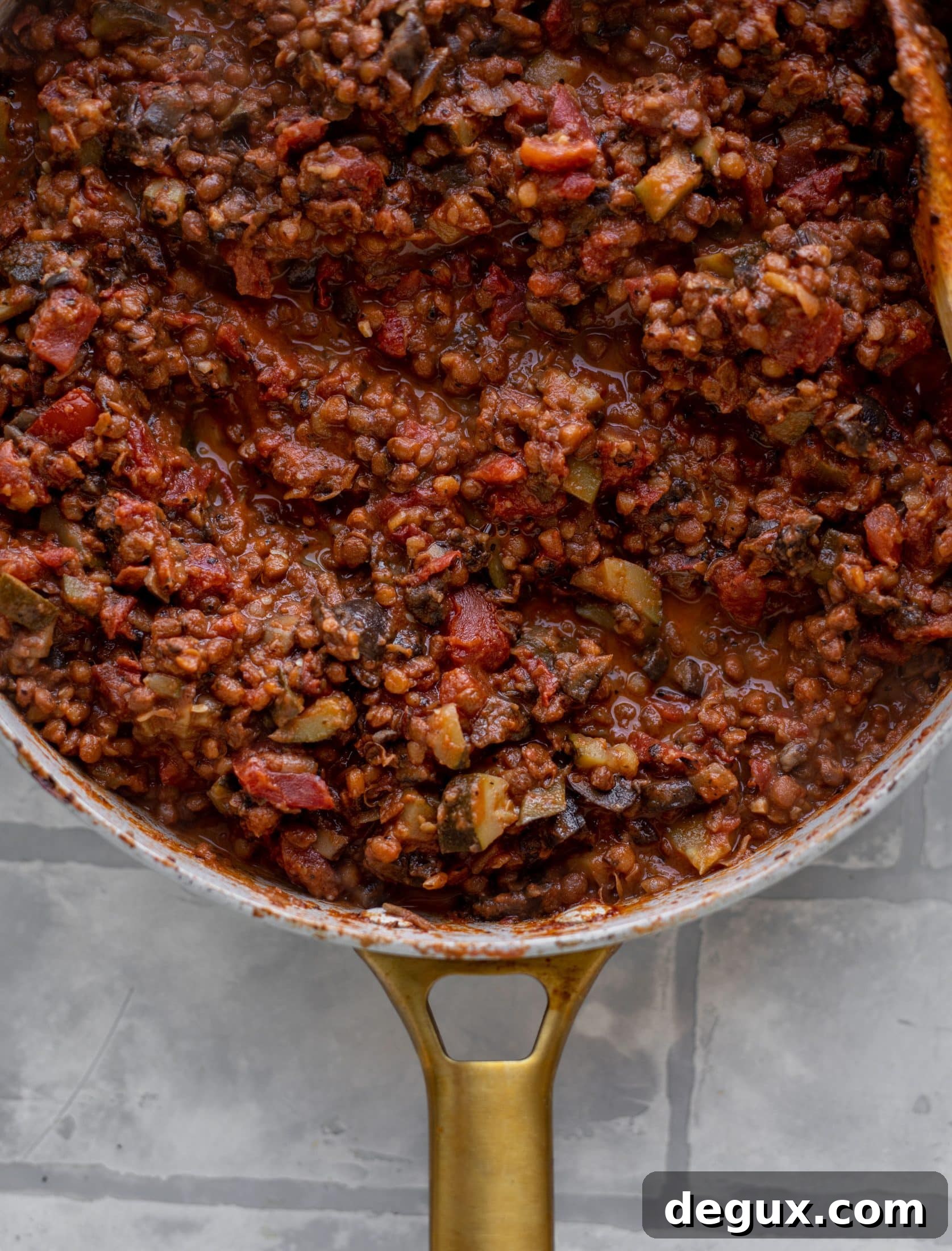 lentil bolognese in a skillet