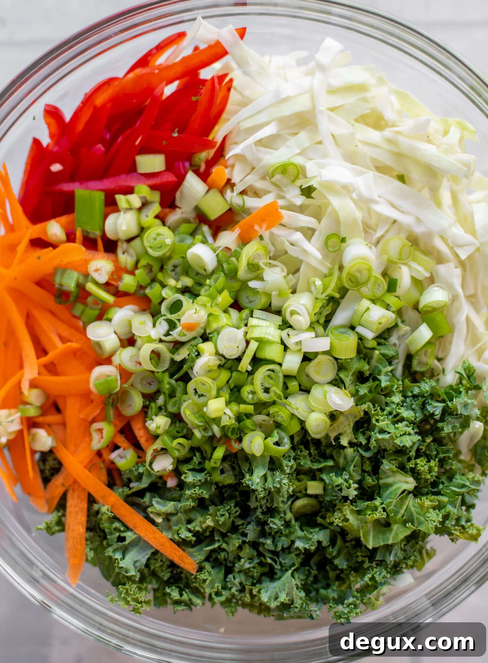 Crunchy Ramen Noodle Salad with Sesame-Ginger Dressing 3 cabbage, kale, red pepper, carrot, scallions in a bowl.