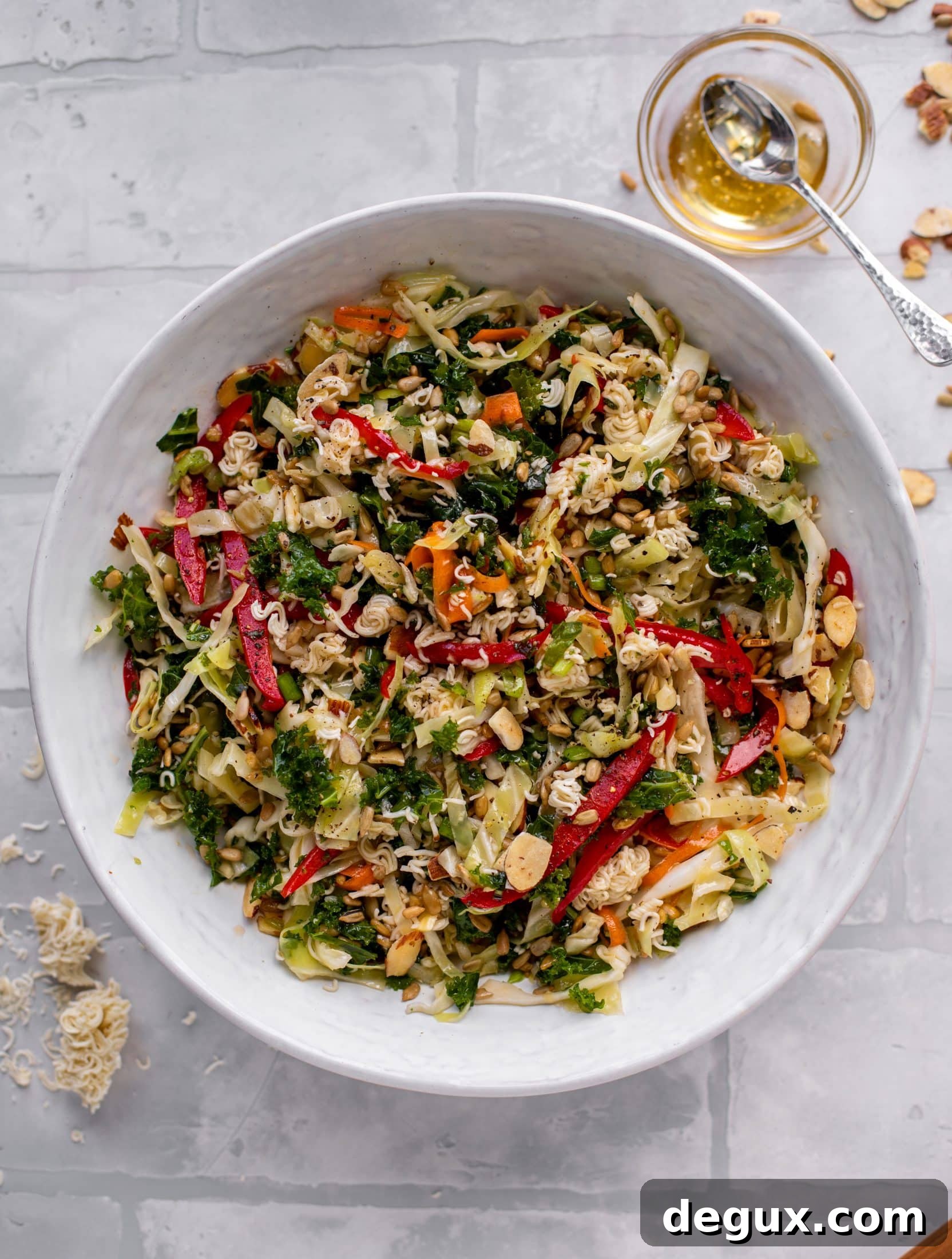 Crunchy Ramen Noodle Salad with Sesame-Ginger Dressing 6 This ramen noodle crunch salad is the perfect make ahead party salad! It's full of sesame flavor and super crunchy. It's a huge hit!