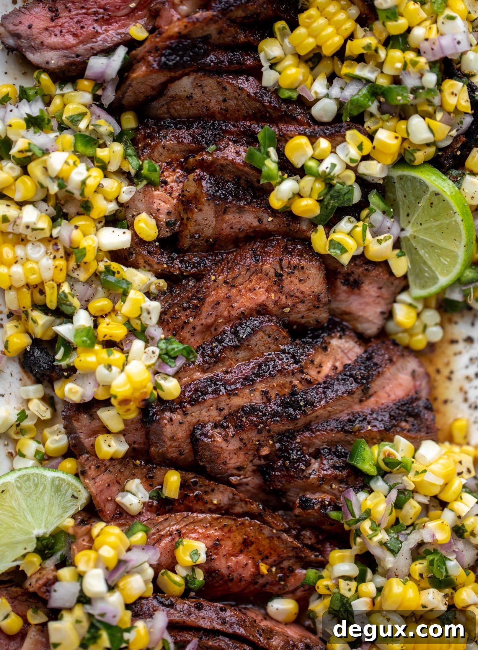 Coffee-Rubbed Strip Steak with Herbed Corn Salsa 12 This coffee crusted steak is incredibly flavorful! Topped with a fresh and bright herbed corn salsa, it's the perfect meal to kick off summer.