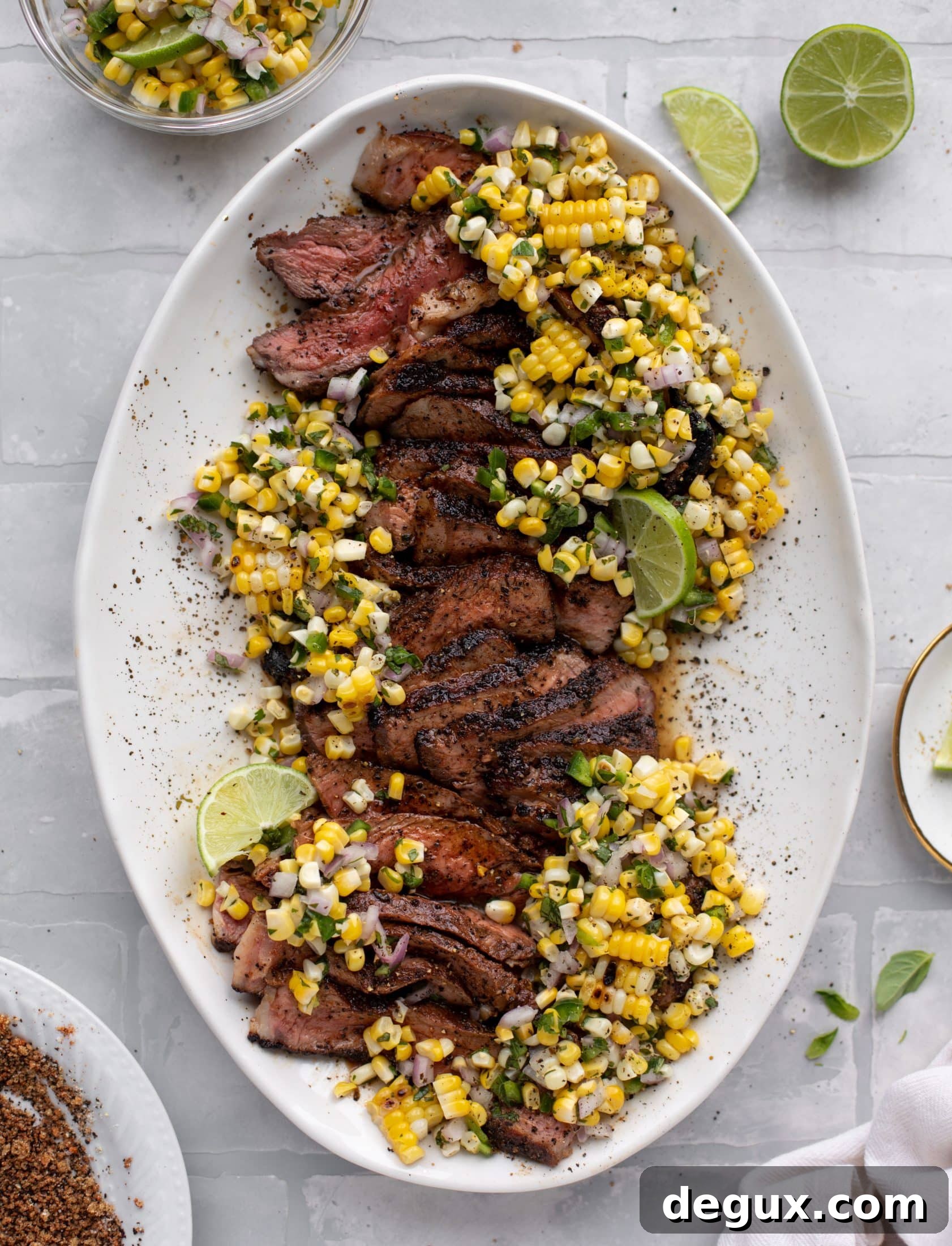 Coffee-Rubbed Strip Steak with Herbed Corn Salsa 9 This coffee crusted steak is incredibly flavorful! Topped with a fresh and bright herbed corn salsa, it's the perfect meal to kick off summer.