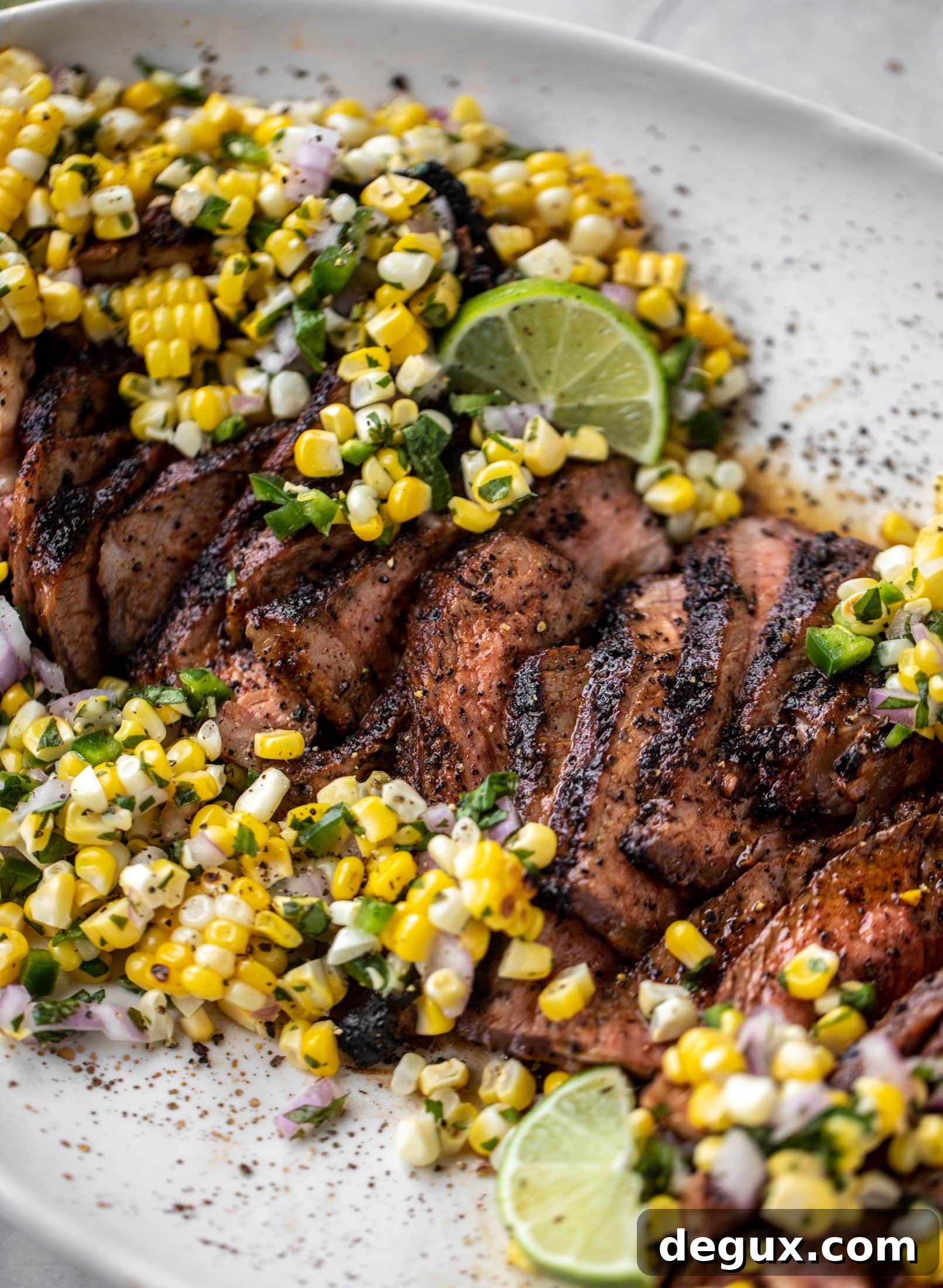 Coffee-Rubbed Strip Steak with Herbed Corn Salsa 10 This coffee crusted steak is incredibly flavorful! Topped with a fresh and bright herbed corn salsa, it's the perfect meal to kick off summer.