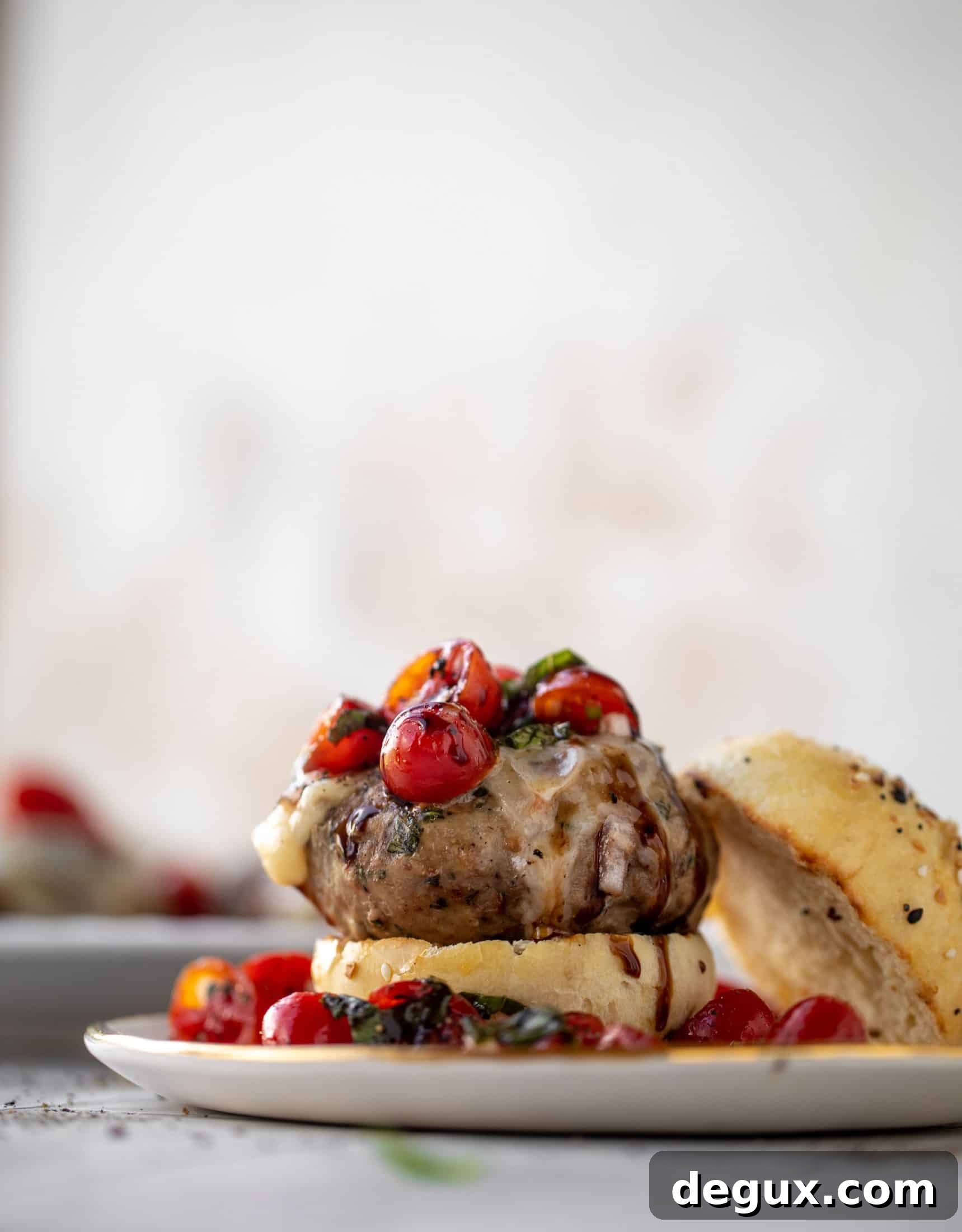 open faced bruschetta chicken burger close up 