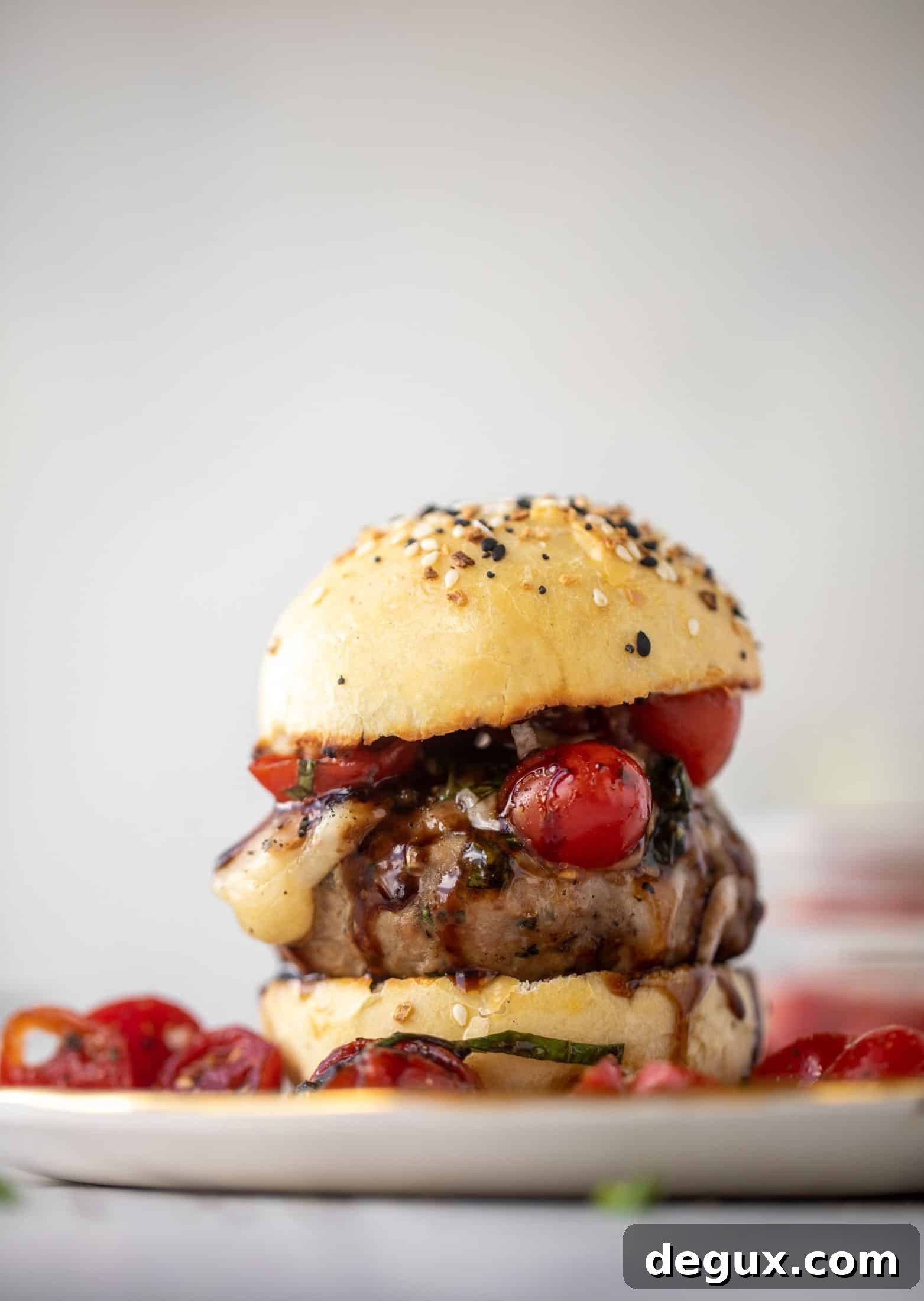 bruschetta chicken burger on brioche buns