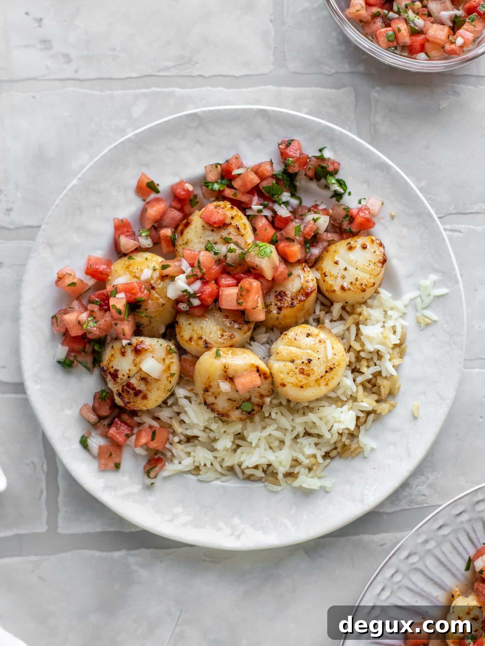 garlic butter scallops with watermelon salsa and rice