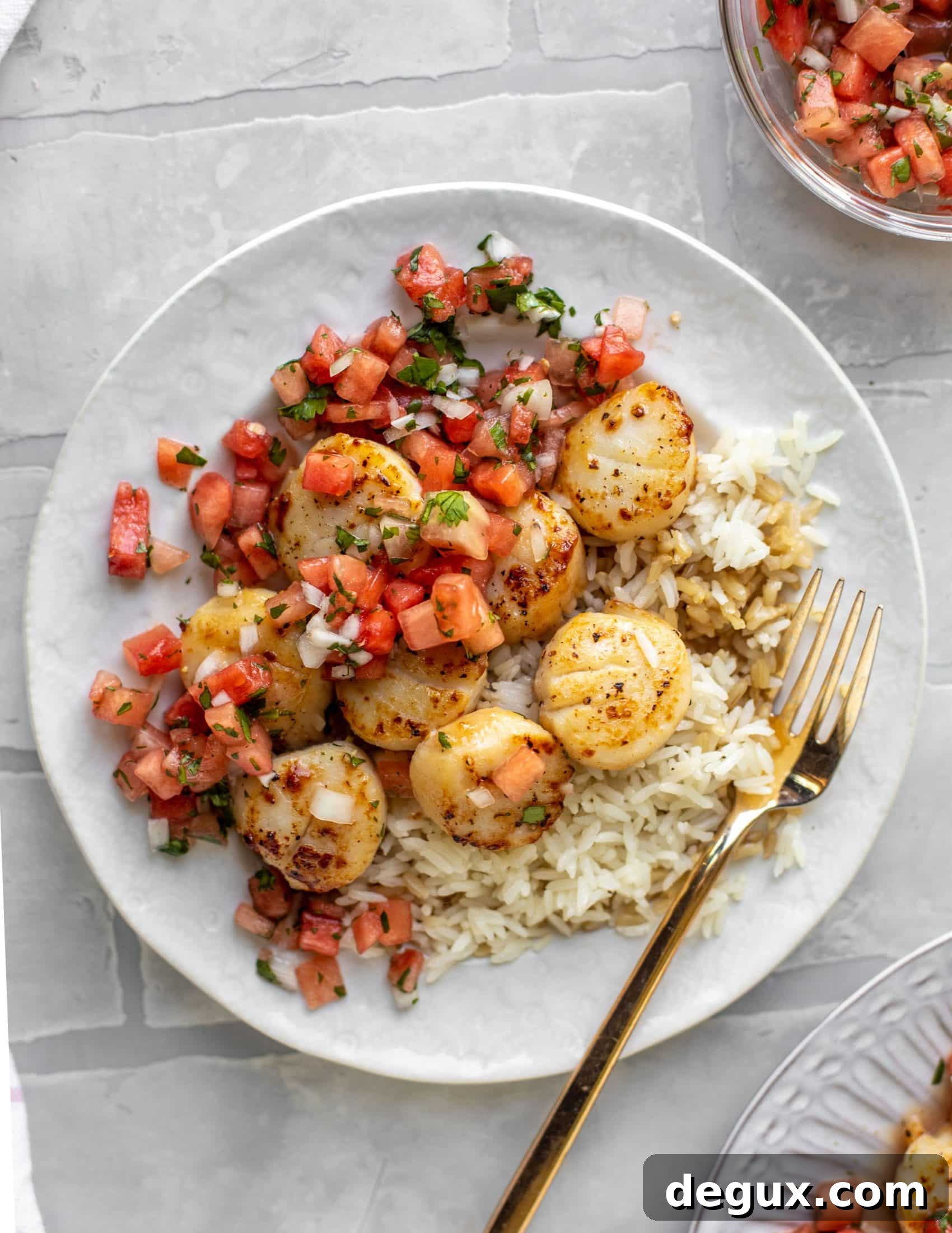 garlic butter scallops with watermelon salsa and rice