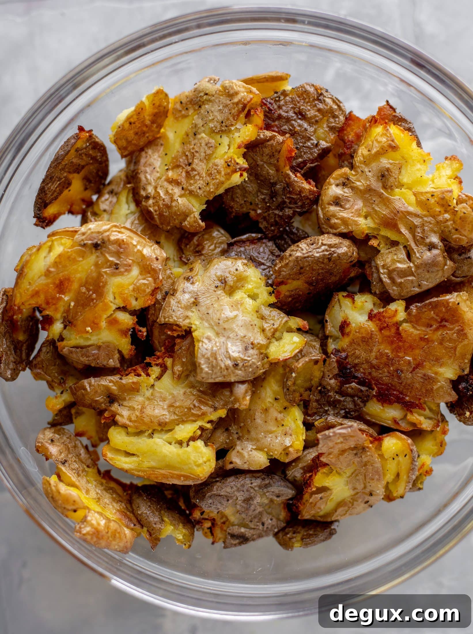 smashed potatoes in a bowl