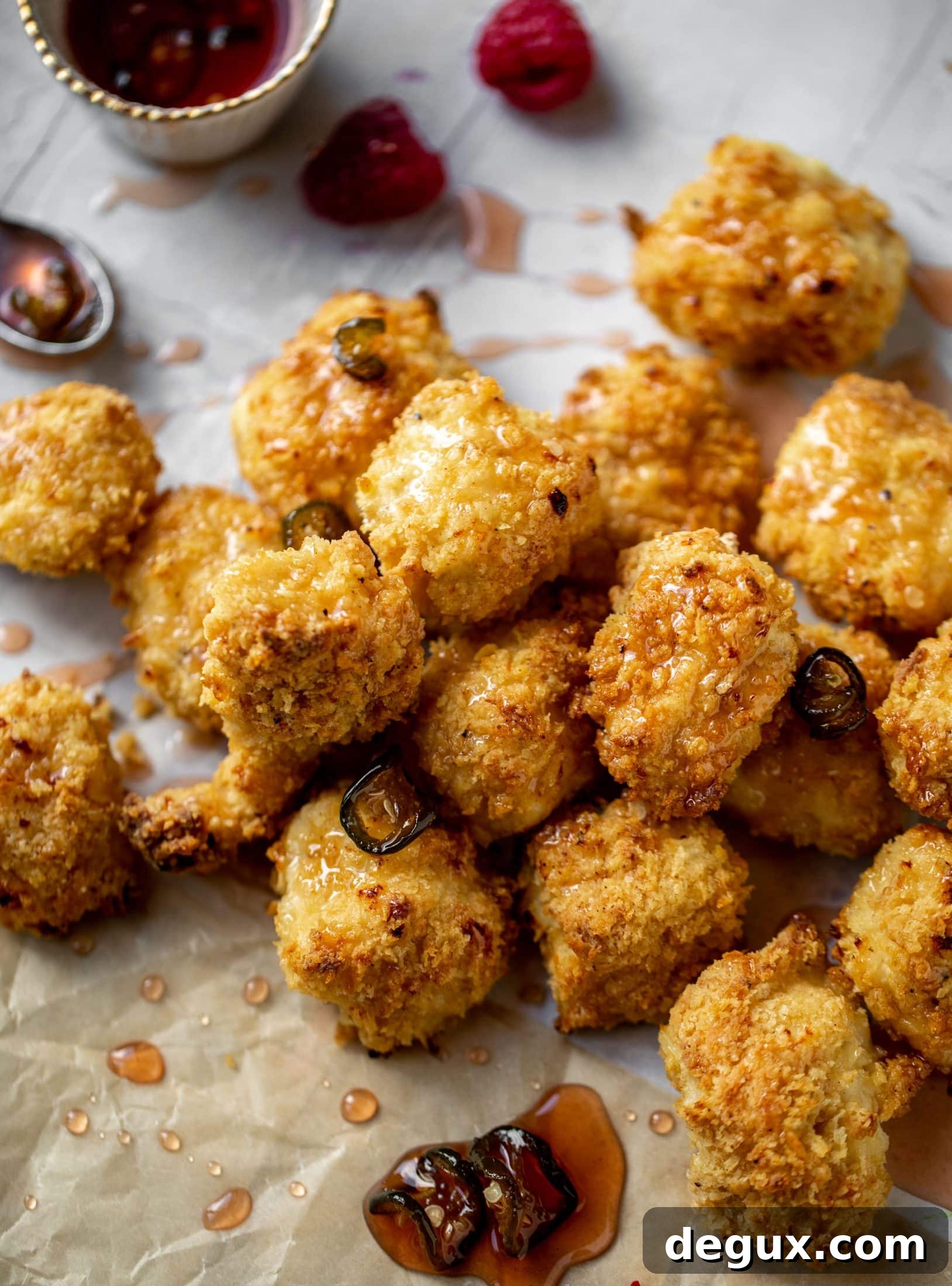 Crispy Baked Popcorn Chicken with Raspberry Hot Honey Drizzle 8 baked popcorn chicken with raspberry hot honey