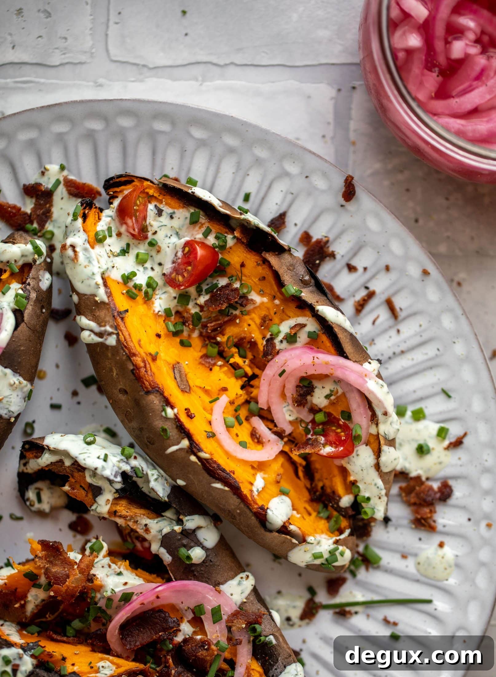 Grilled Whole Sweet Potatoes with Bacon and Ranch Dressing 6 grilled whole sweet potatoes with homemade ranch