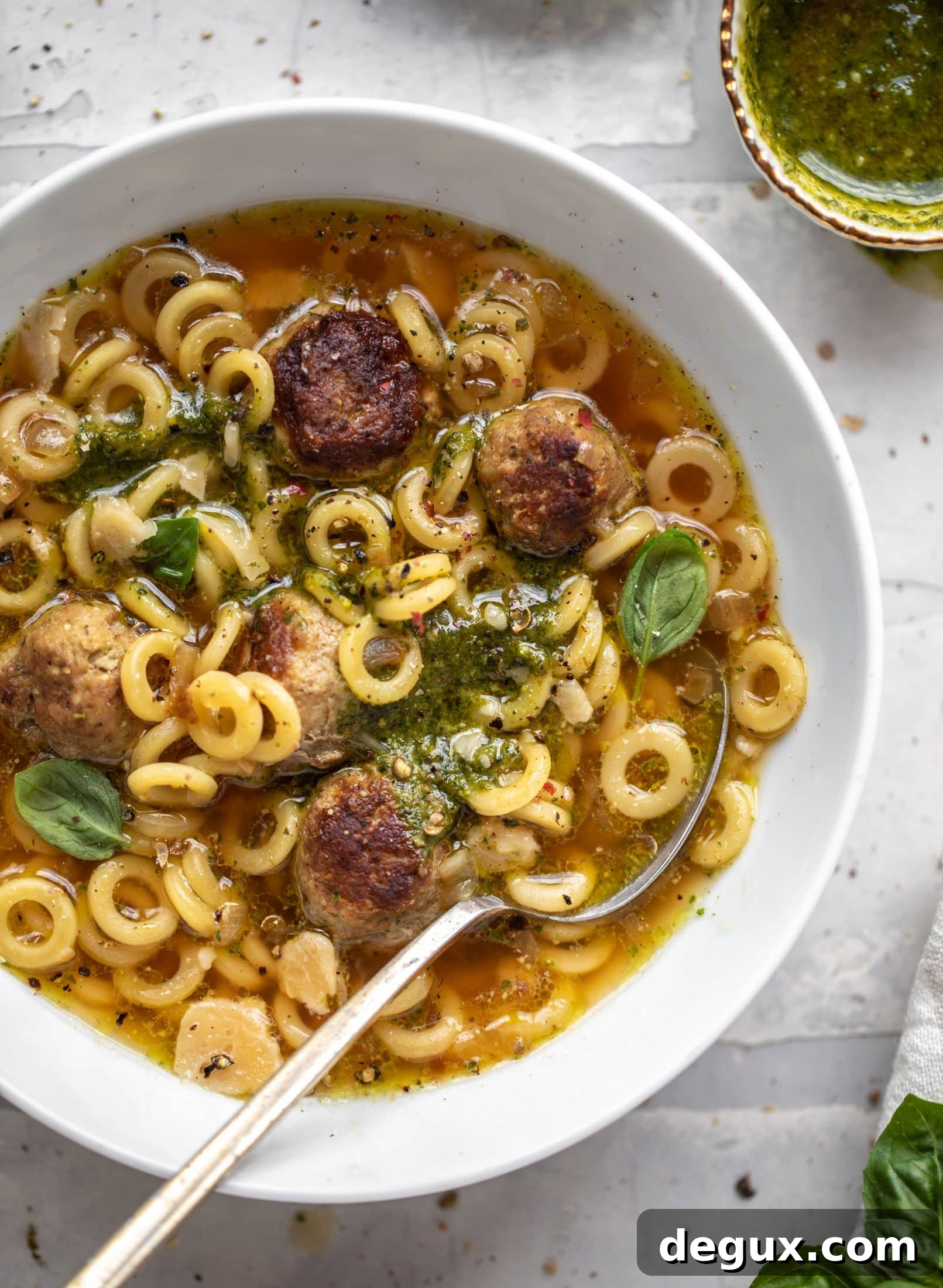 summer pesto mini meatball soup