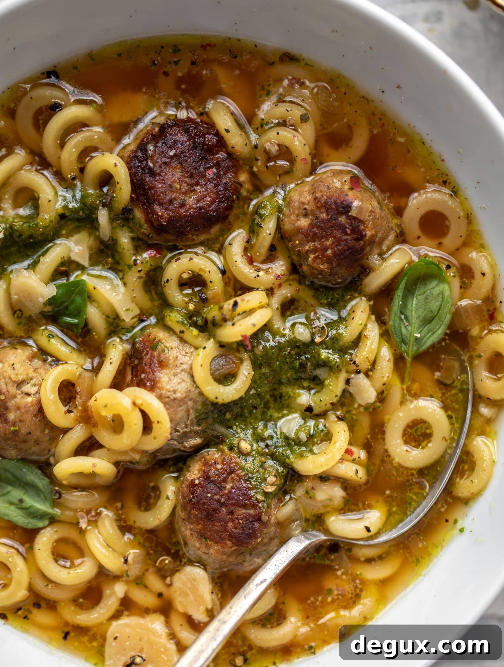 up close summer pesto mini meatball soup