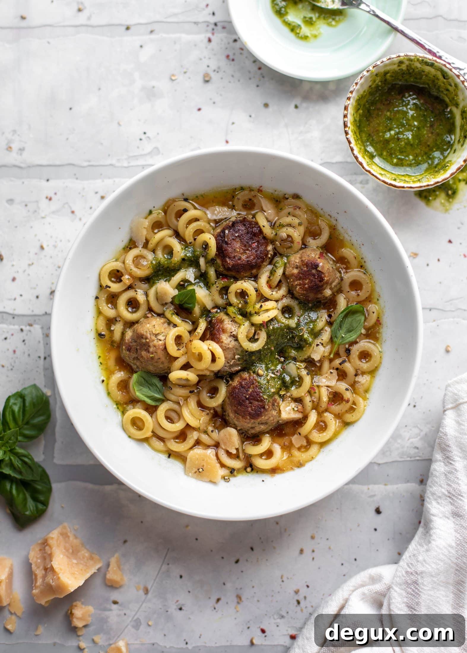 summer pesto mini meatball soup