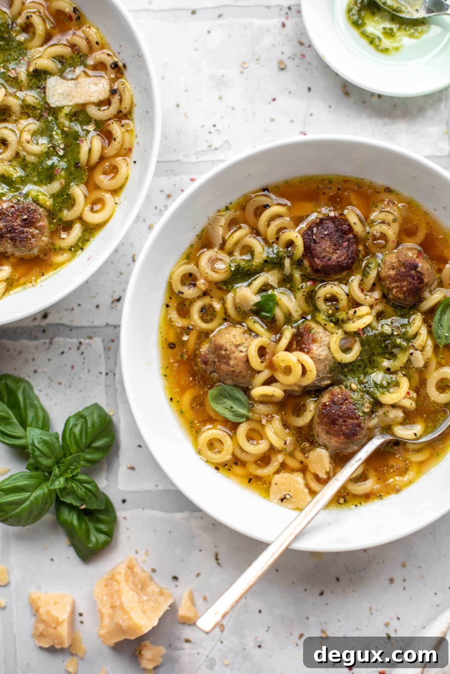 summer pesto mini meatball soup