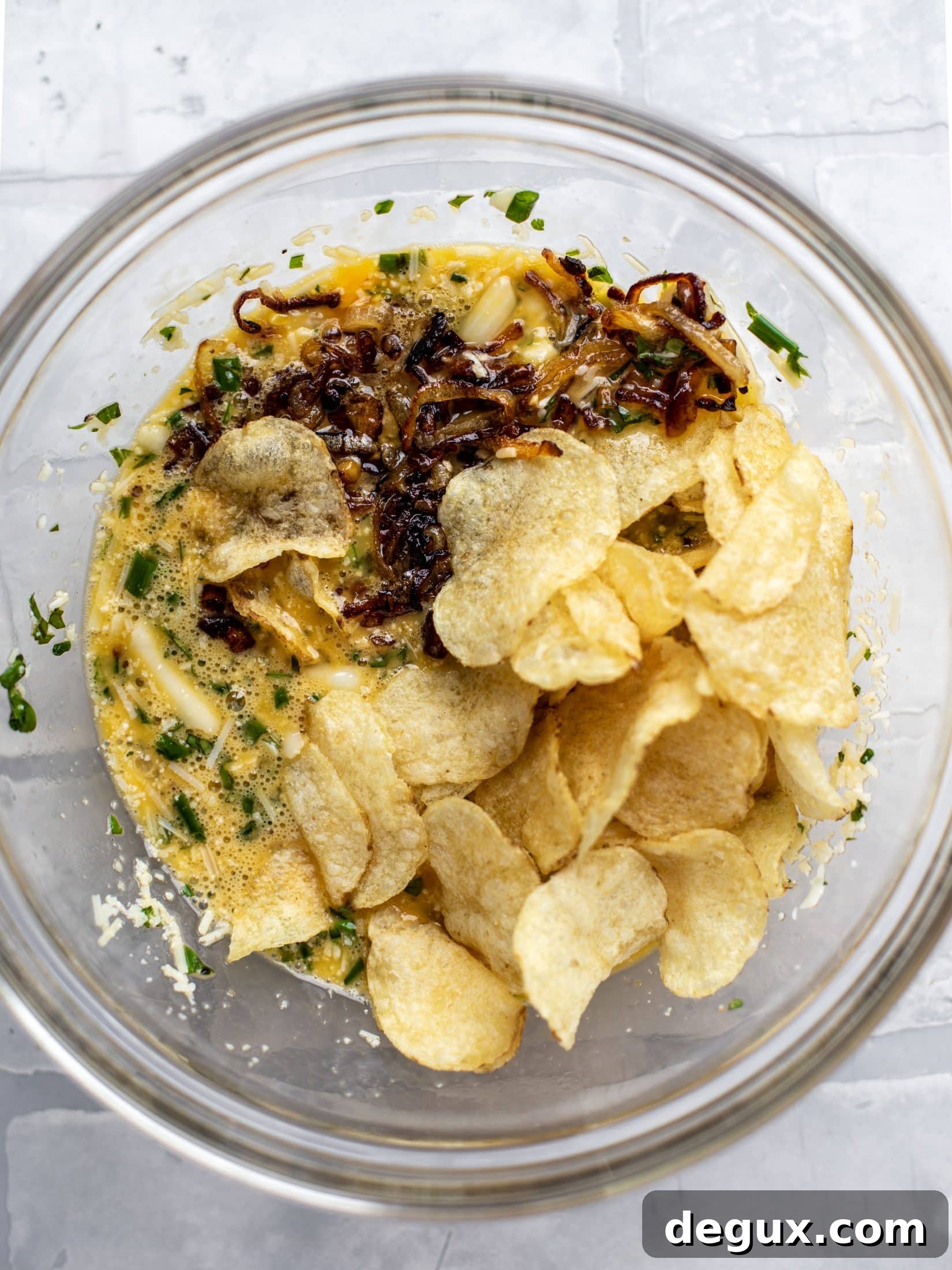 Crispy Potato Chip Frittata with Caramelized Onions 4 potato chips stirred into the frittata mixture
