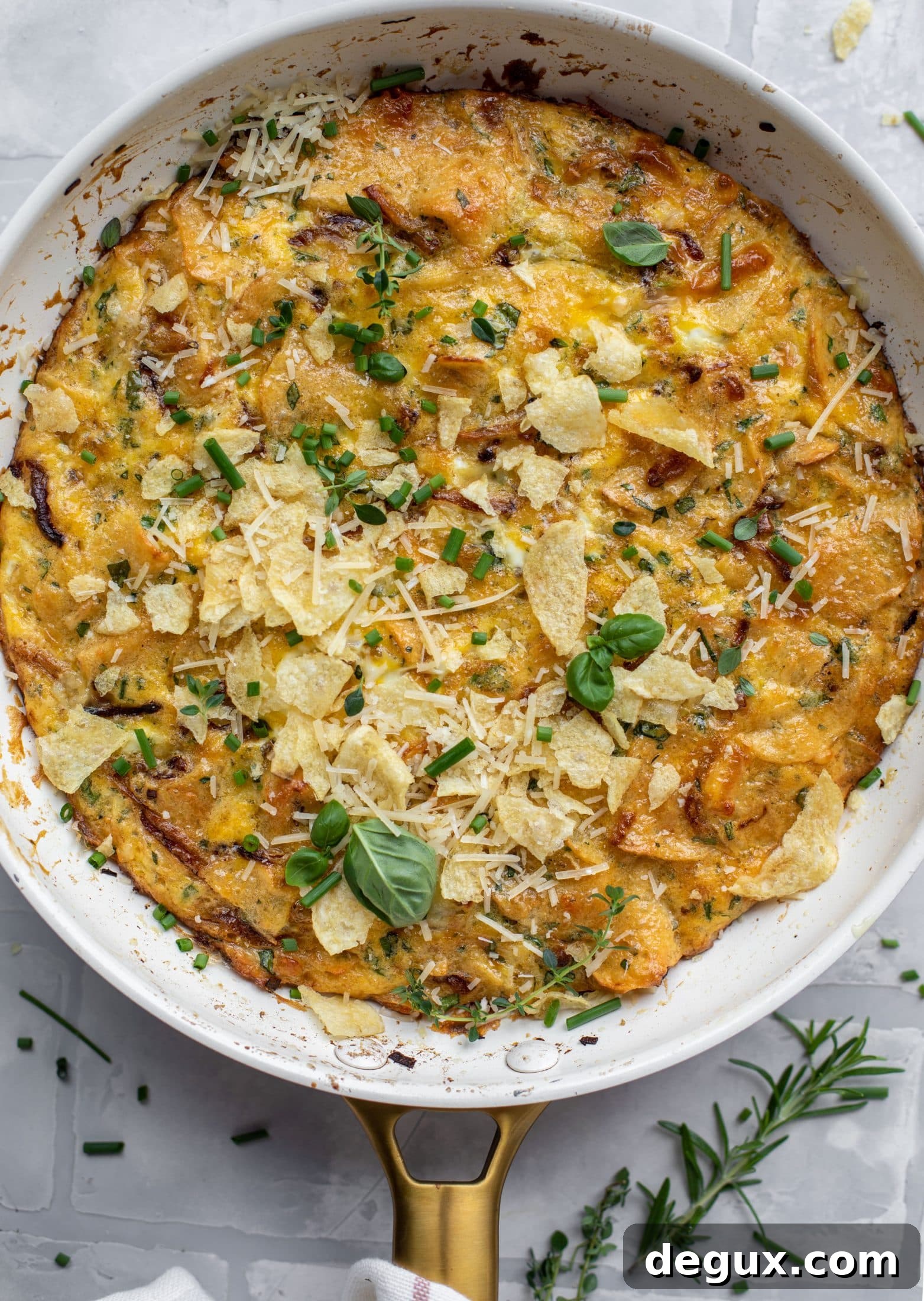 Crispy Potato Chip Frittata with Caramelized Onions 6 potato chip frittata with fresh herbs