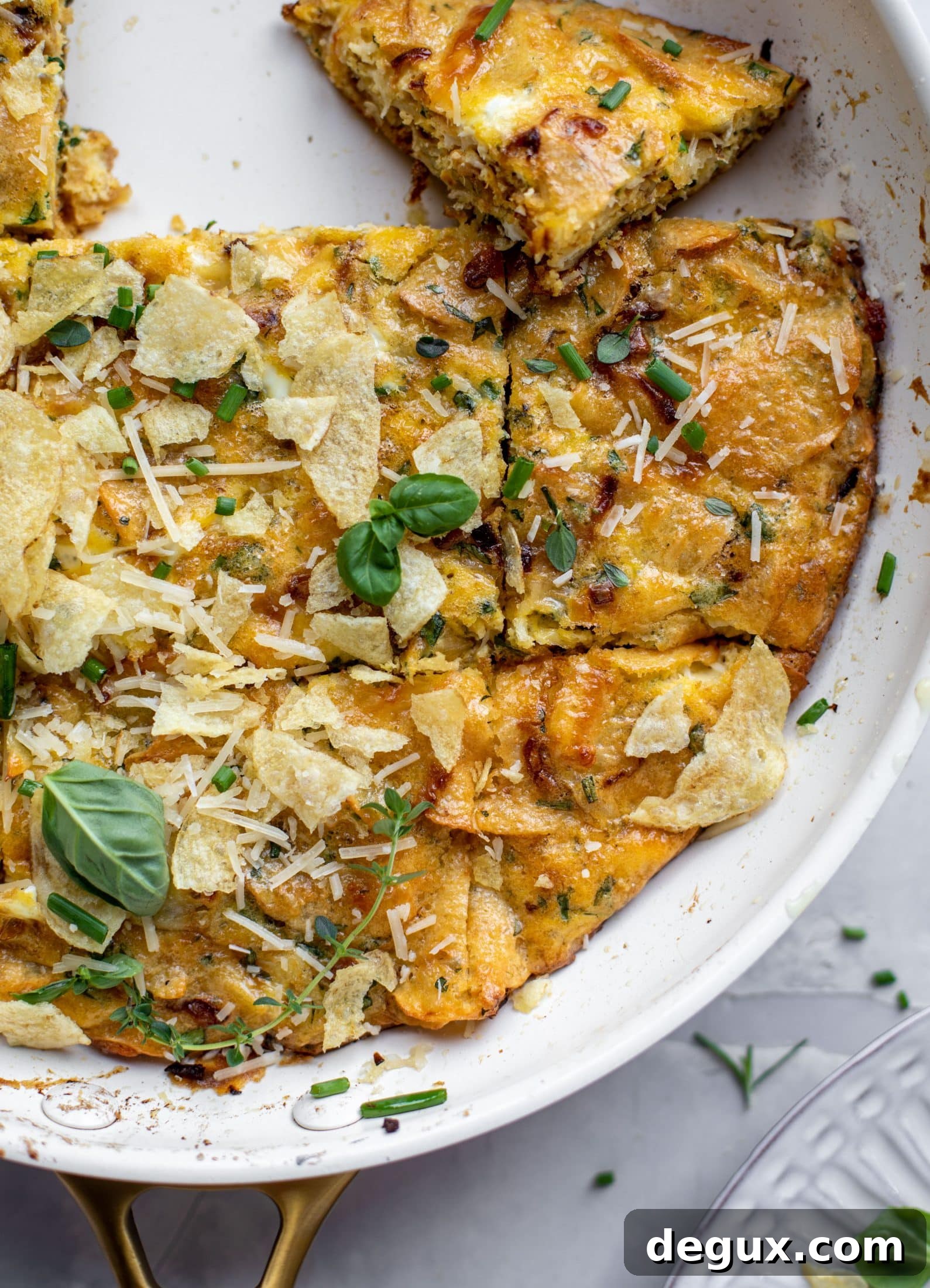 Crispy Potato Chip Frittata with Caramelized Onions 7 sliced potato chip frittata with fresh herbs